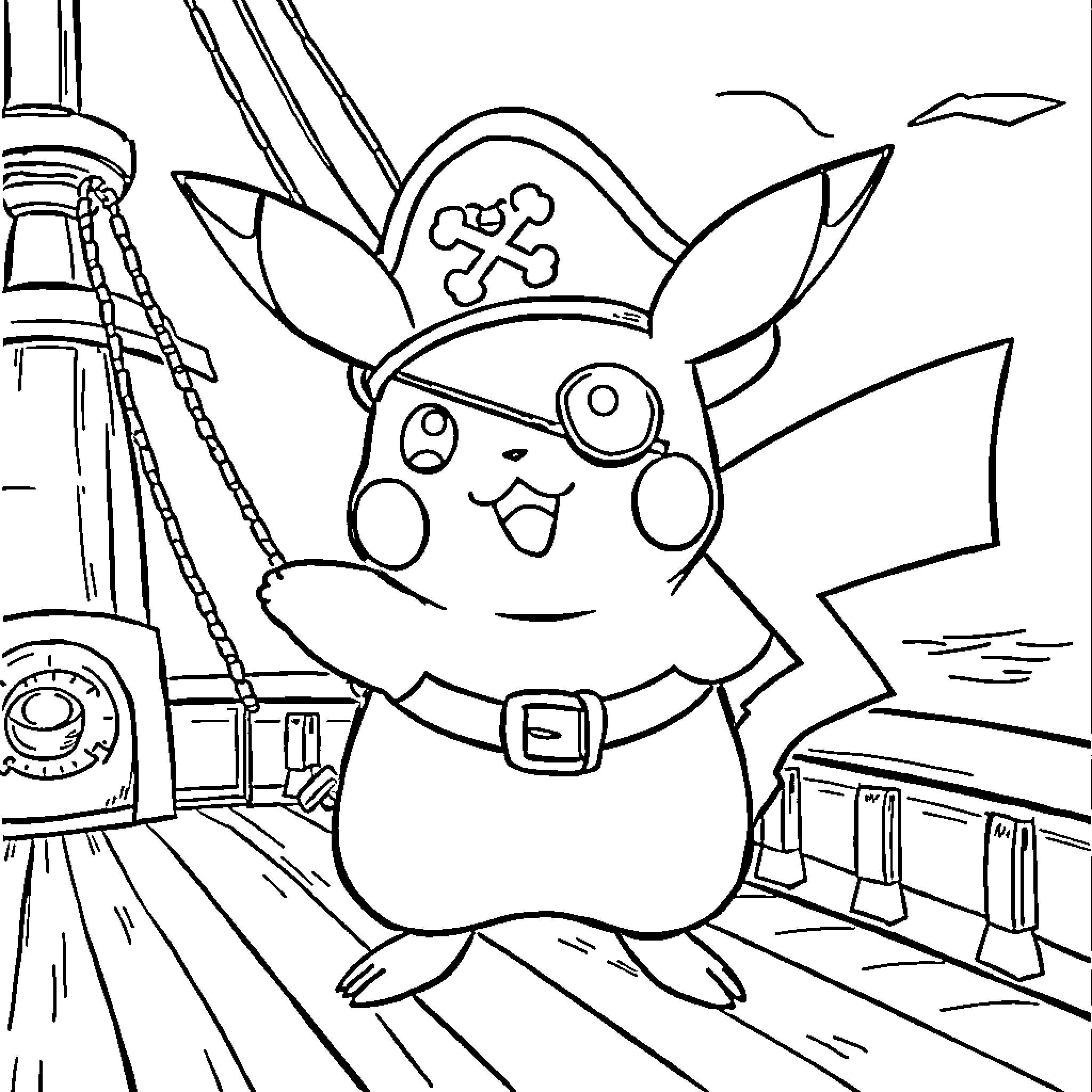 Pikachu dressed as a pirate on a ship deck Coloring Page (free black-and-white line drawing printable PDF for all, from beginners to advanced learners, including children, teens, adults, and seniors)