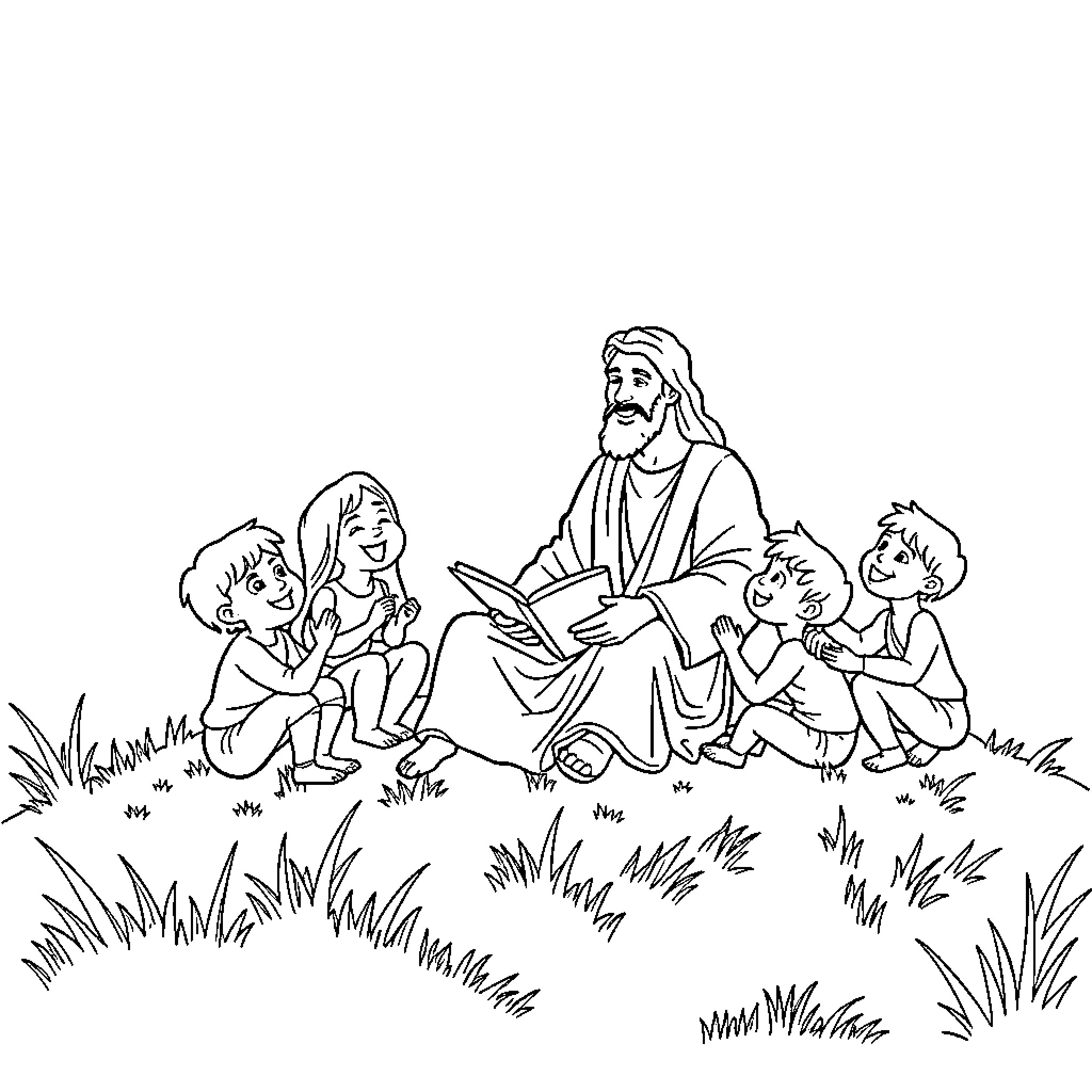 Jesus Teaching Children in the Meadow Coloring Page (free black-and-white line drawing printable PDF for all, from beginners to advanced learners, including children, teens, adults, and seniors)