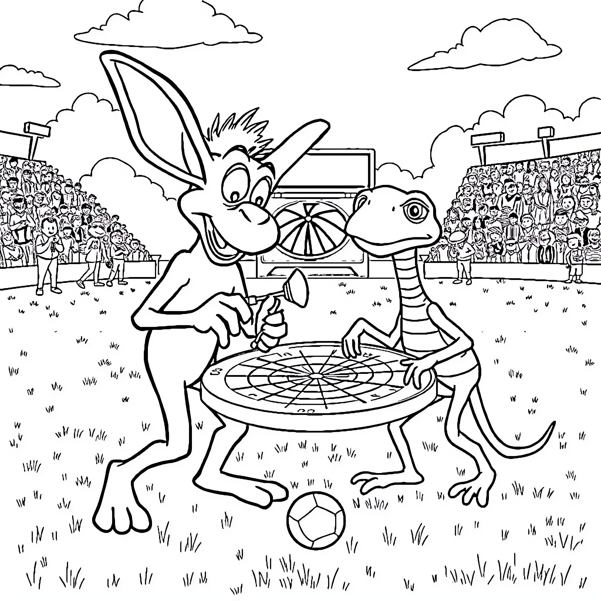 Alf performing tricks at the carnival Coloring Page (free black-and-white line drawing printable PDF for all, from beginners to advanced learners, including children, teens, adults, and seniors)