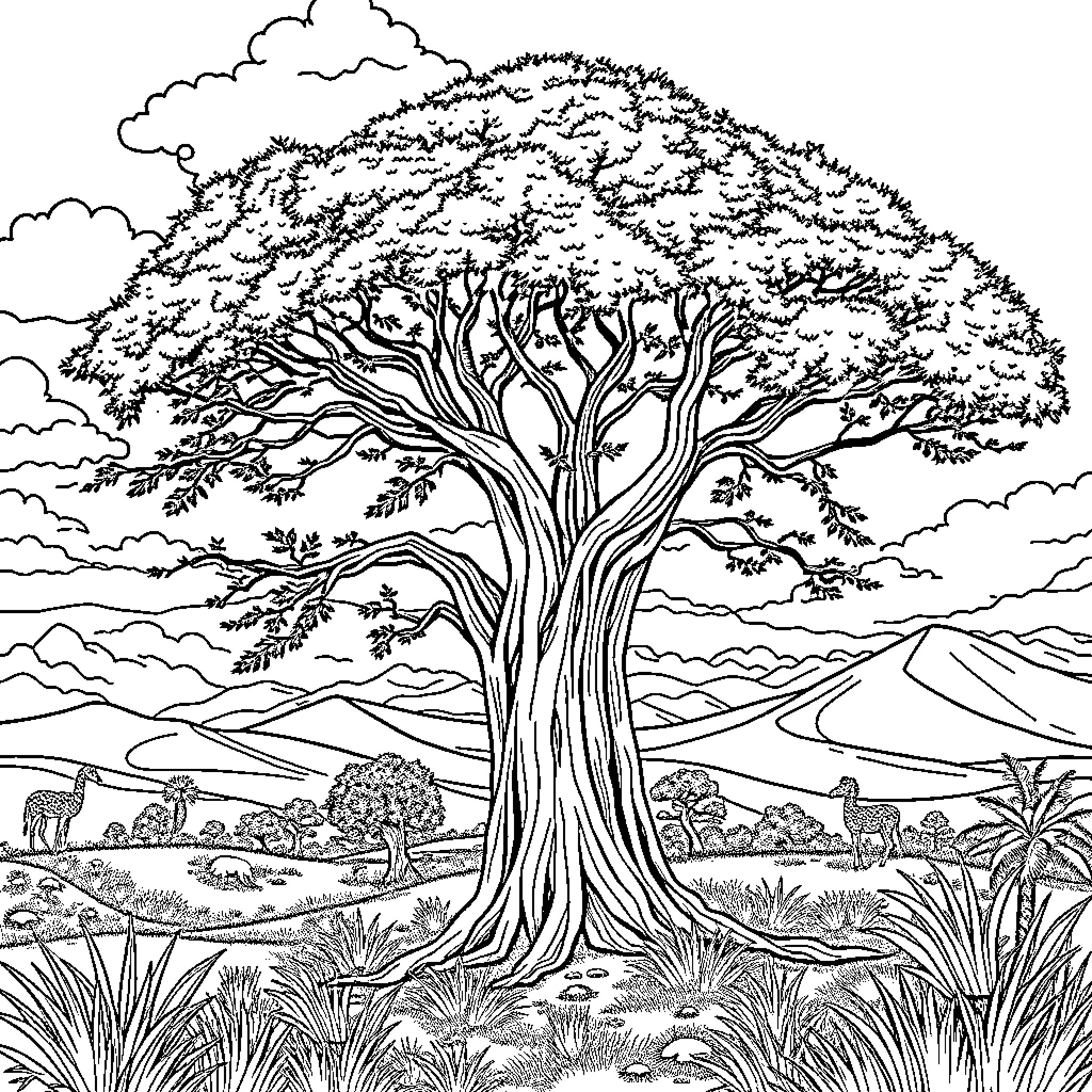 Pâques avec un paysage majestueux d'un arbre imposant Coloring Page (free black-and-white line drawing printable PDF for all, from beginners to advanced learners, including children, teens, adults, and seniors)