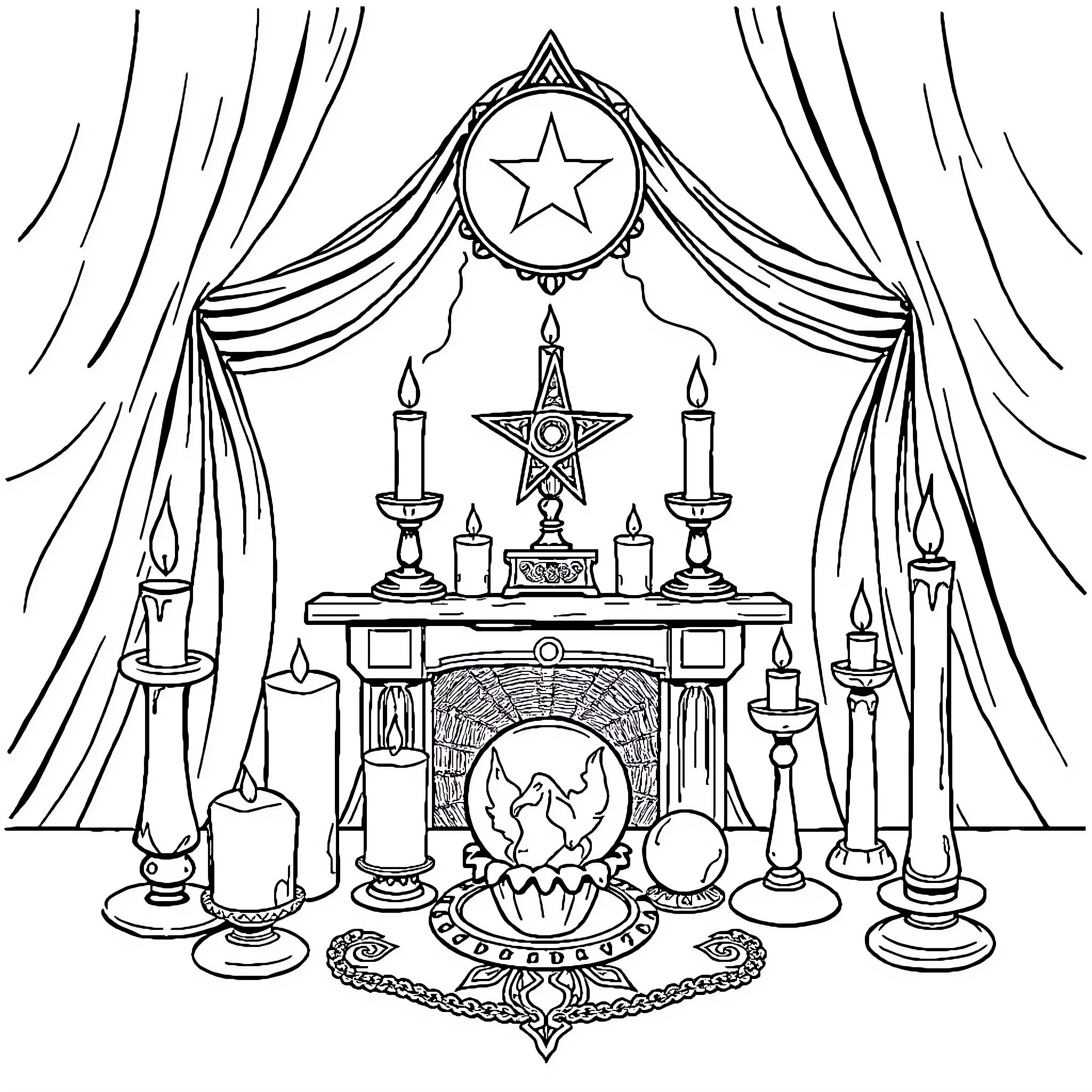 Witch's Ceremonial Altar with Candles and Mystical Symbols Coloring Page (free black-and-white line drawing printable PDF for all, from beginners to advanced learners, including children, teens, adults, and seniors)