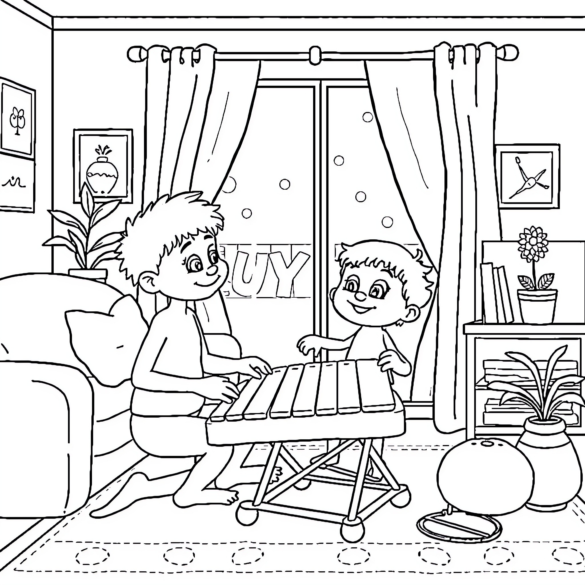 Xylophone Boys Jamming in Cozy Home Coloring Page (free black-and-white line drawing printable PDF for all, from beginners to advanced learners, including children, teens, adults, and seniors)