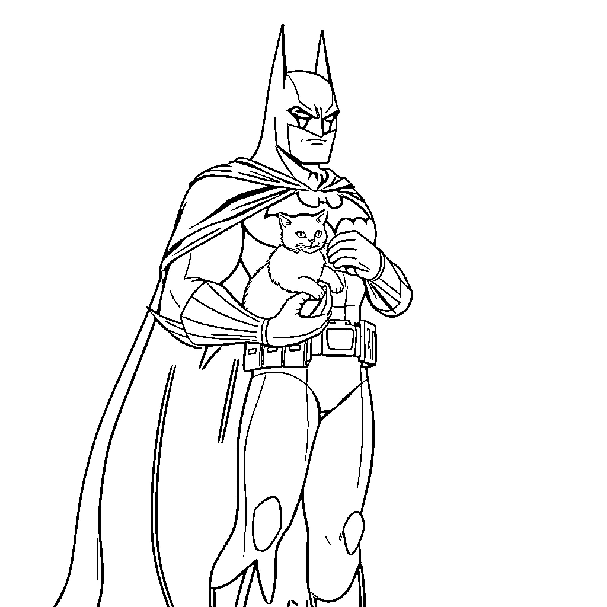 Batman Holding a Playful Kitten Coloring Page (free black-and-white line drawing printable PDF for all, from beginners to advanced learners, including children, teens, adults, and seniors)