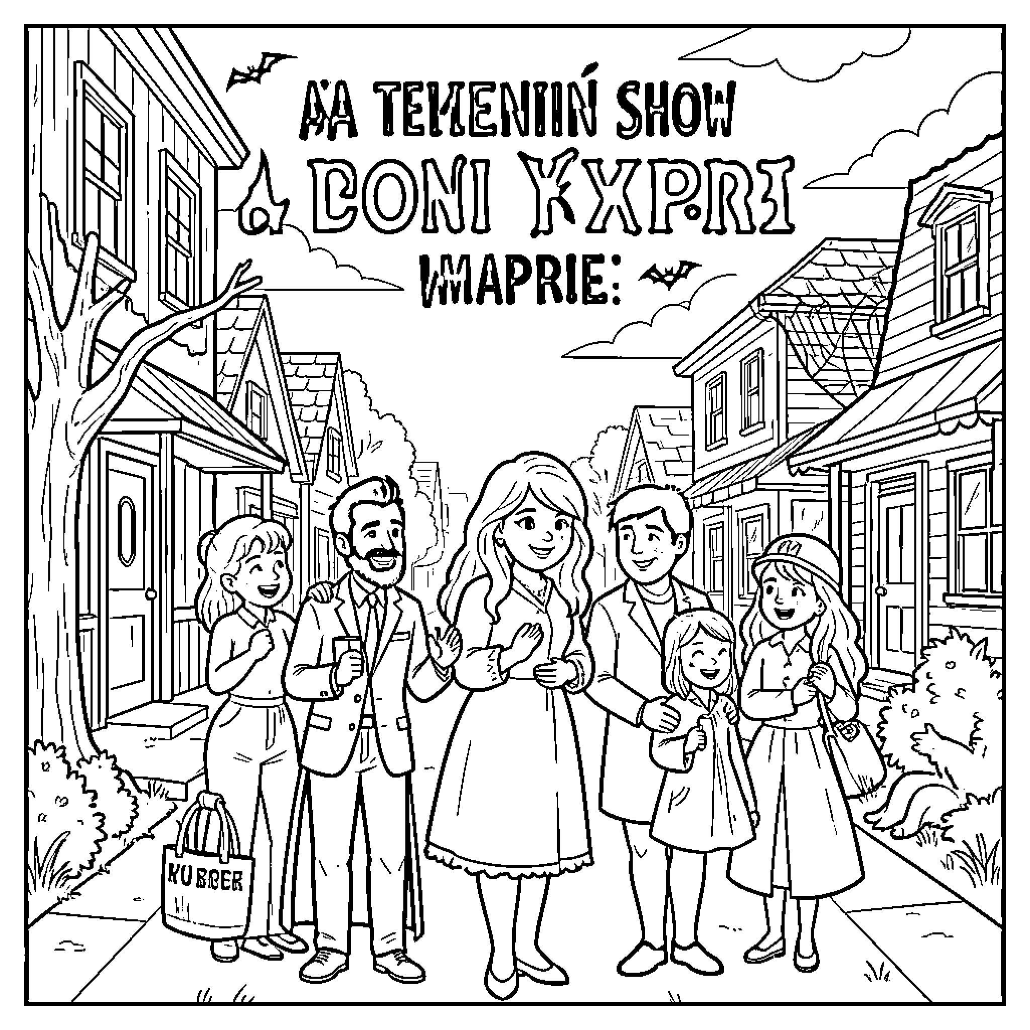 Vampire family standing together on a suburban street Coloring Page (free black-and-white line drawing printable PDF for all, from beginners to advanced learners, including children, teens, adults, and seniors)