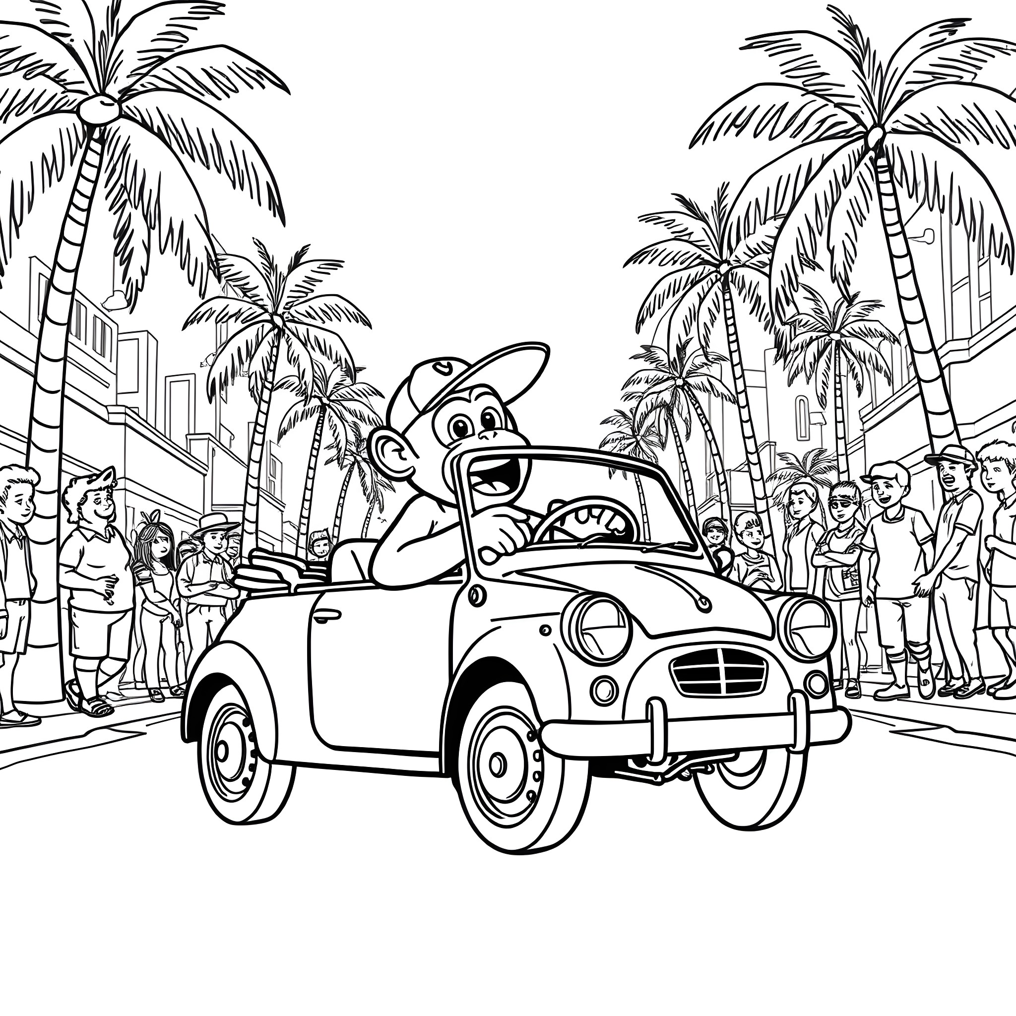 Monkey driving a car in a tropical setting Coloring Page (free black-and-white line drawing printable PDF for all, from beginners to advanced learners, including children, teens, adults, and seniors)