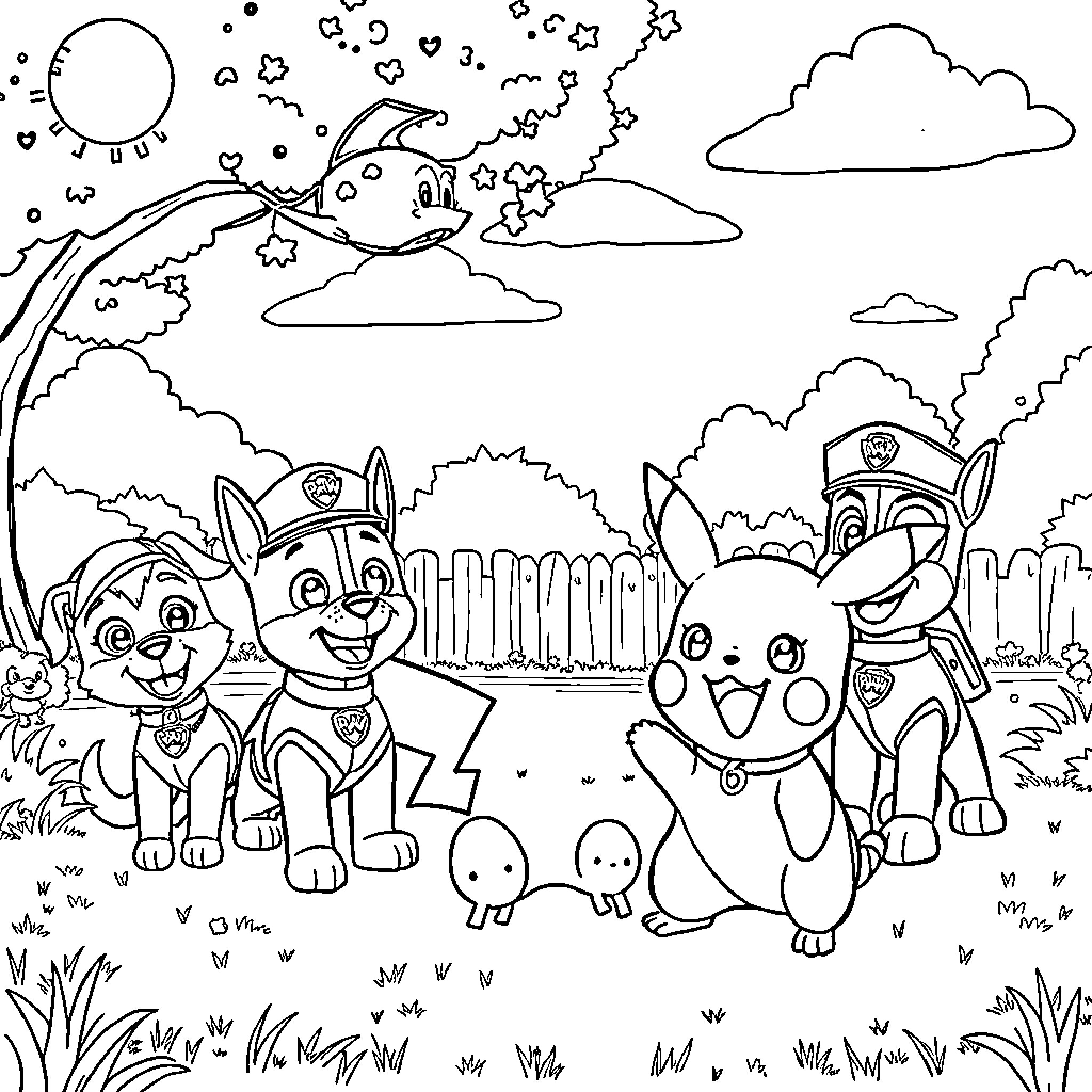 Pikachu and PAW Patrol pups explore the outdoors Coloring Page (free black-and-white line drawing printable PDF for all, from beginners to advanced learners, including children, teens, adults, and seniors)