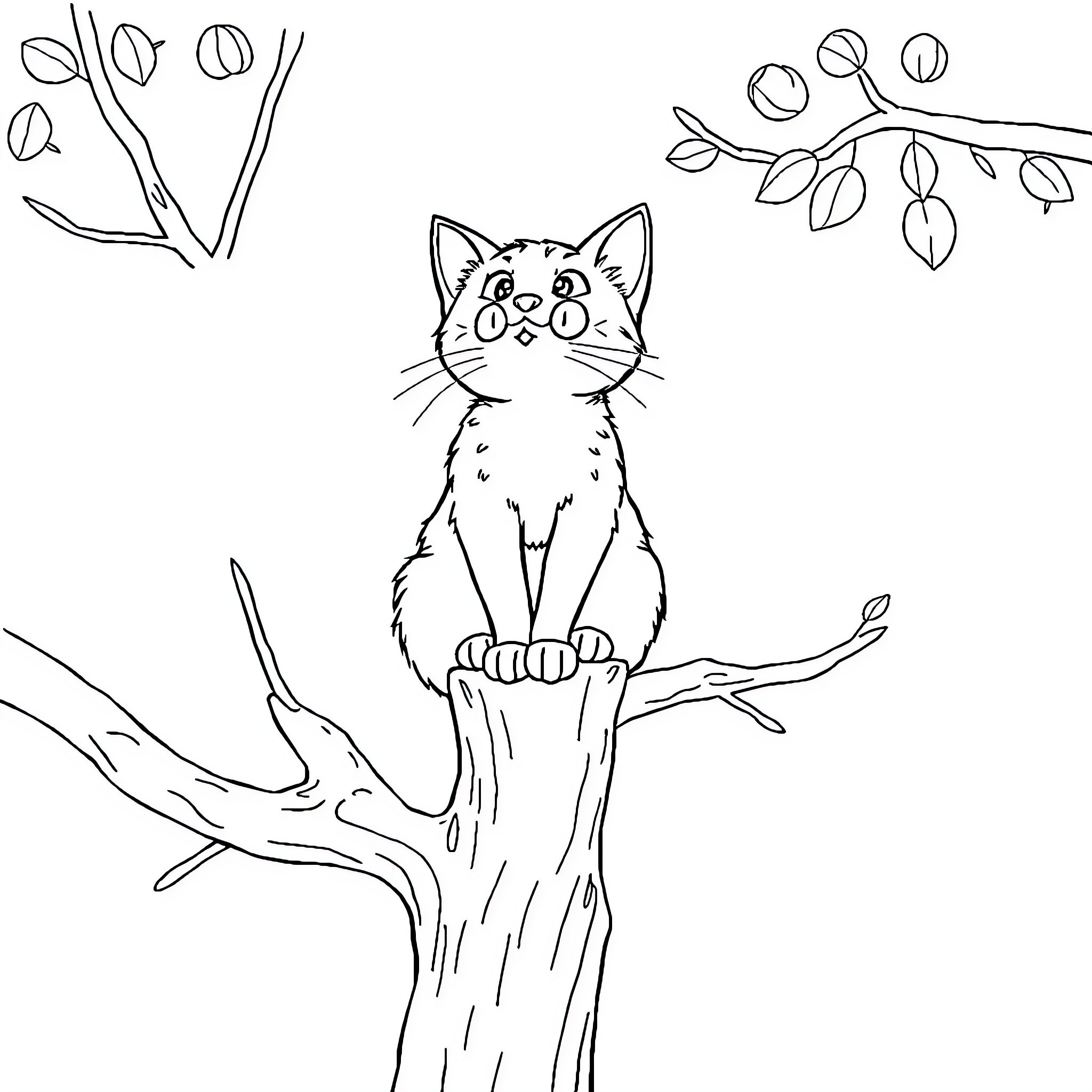 Cat perching on tree branch in nature Coloring Page (free black-and-white line drawing printable PDF for all, from beginners to advanced learners, including children, teens, adults, and seniors)
