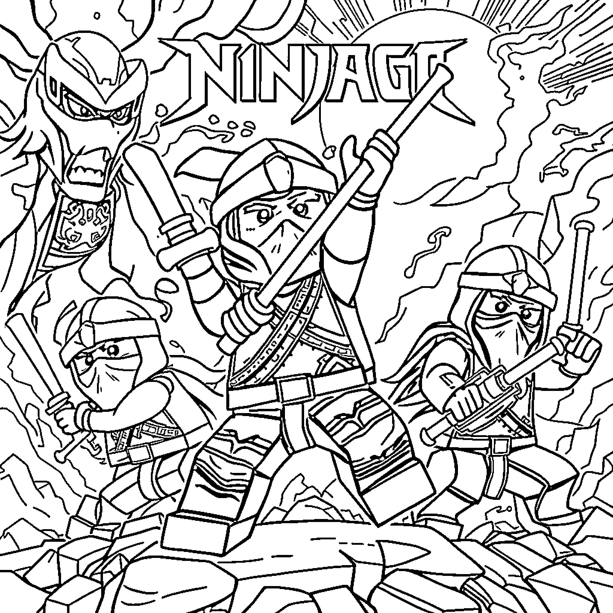 Ninjago heroes in action-packed battle scene Coloring Page (free black-and-white line drawing printable PDF for all, from beginners to advanced learners, including children, teens, adults, and seniors)