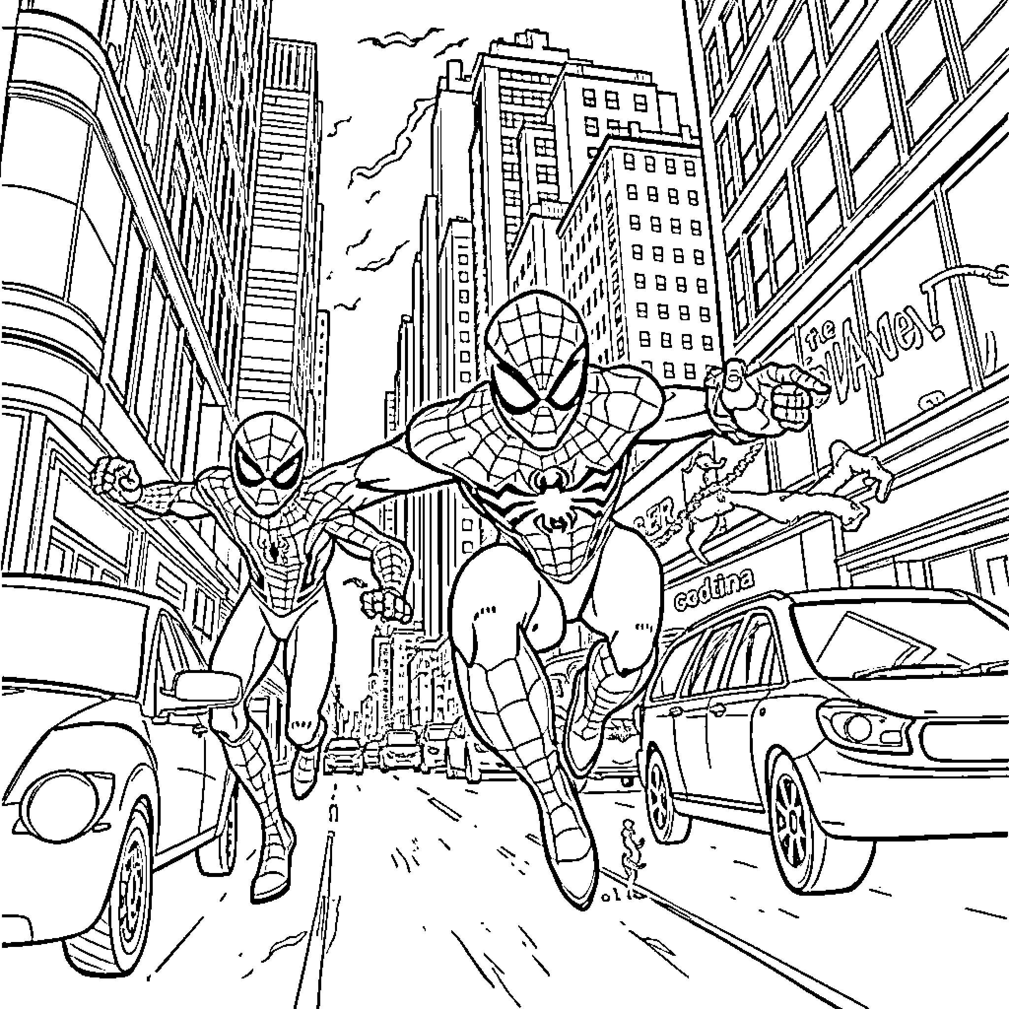 Spider-Man Swinging Through the City Skyscrapers Coloring Page (free black-and-white line drawing printable PDF for all, from beginners to advanced learners, including children, teens, adults, and seniors)