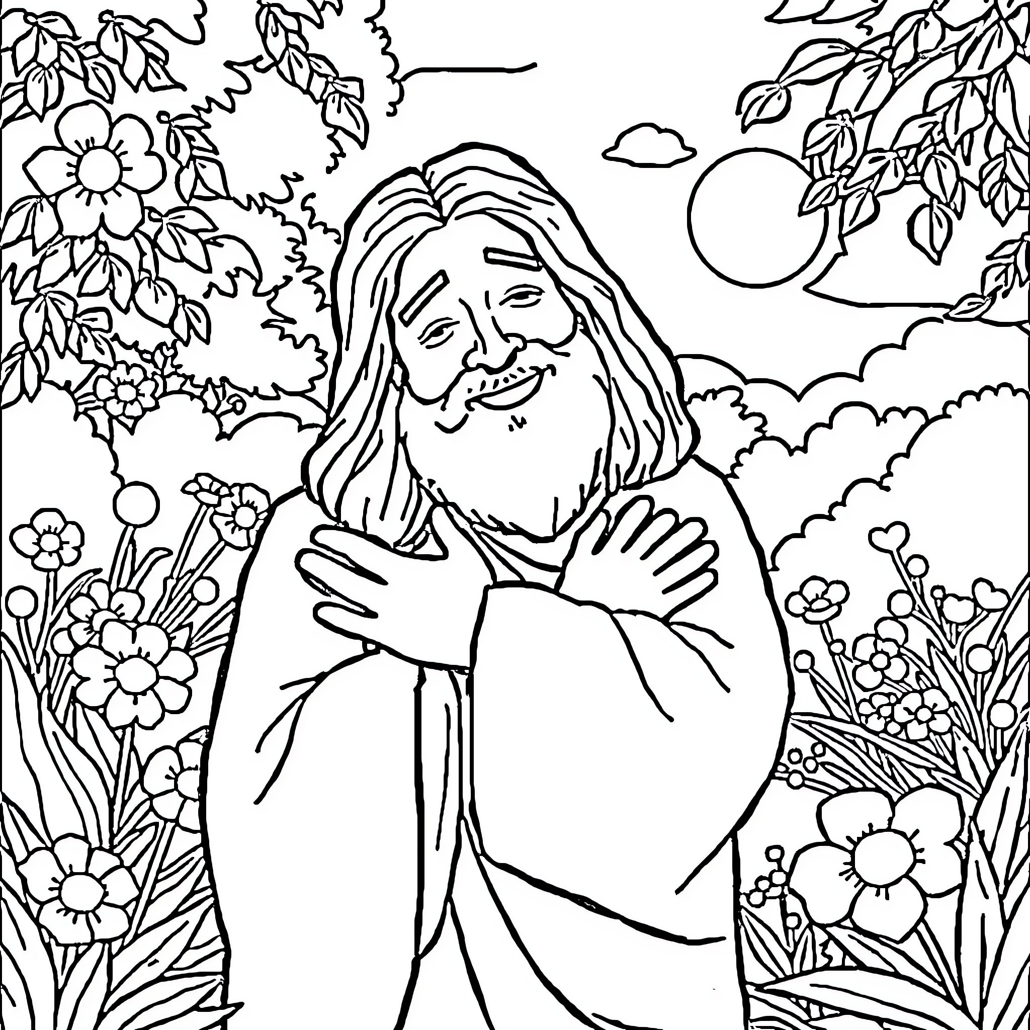 Jesus enjoying the peaceful nature Coloring Page (free black-and-white line drawing printable PDF for all, from beginners to advanced learners, including children, teens, adults, and seniors)