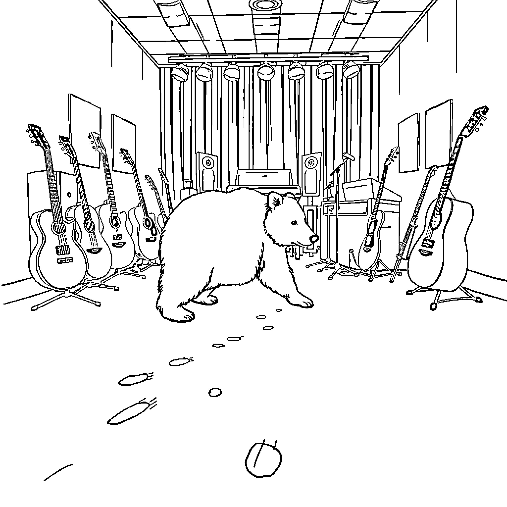 Bear Exploring Musical Instruments in Studio Coloring Page (free black-and-white line drawing printable PDF for all, from beginners to advanced learners, including children, teens, adults, and seniors)