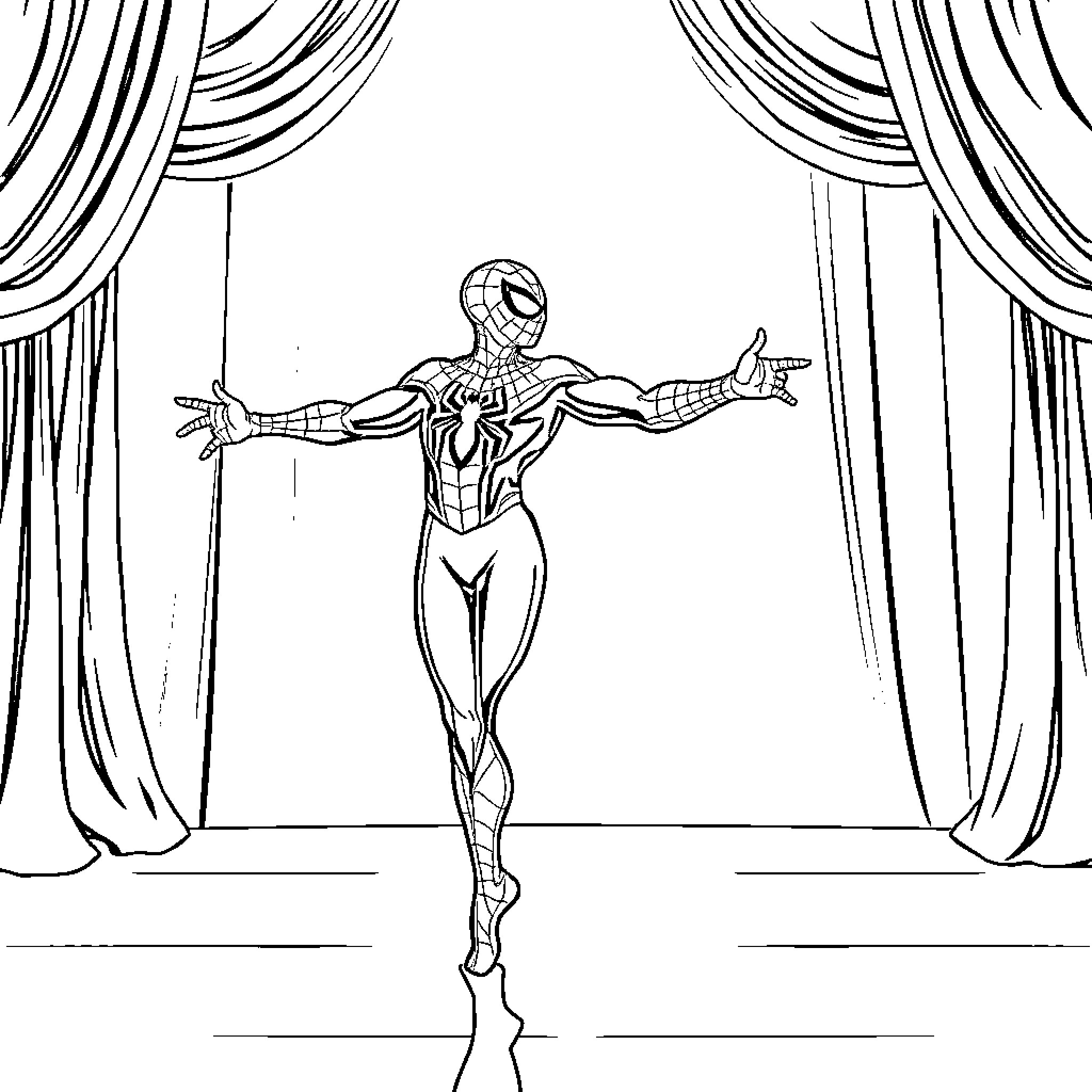 Spiderman on stage, arms outstretched Coloring Page (free black-and-white line drawing printable PDF for all, from beginners to advanced learners, including children, teens, adults, and seniors)