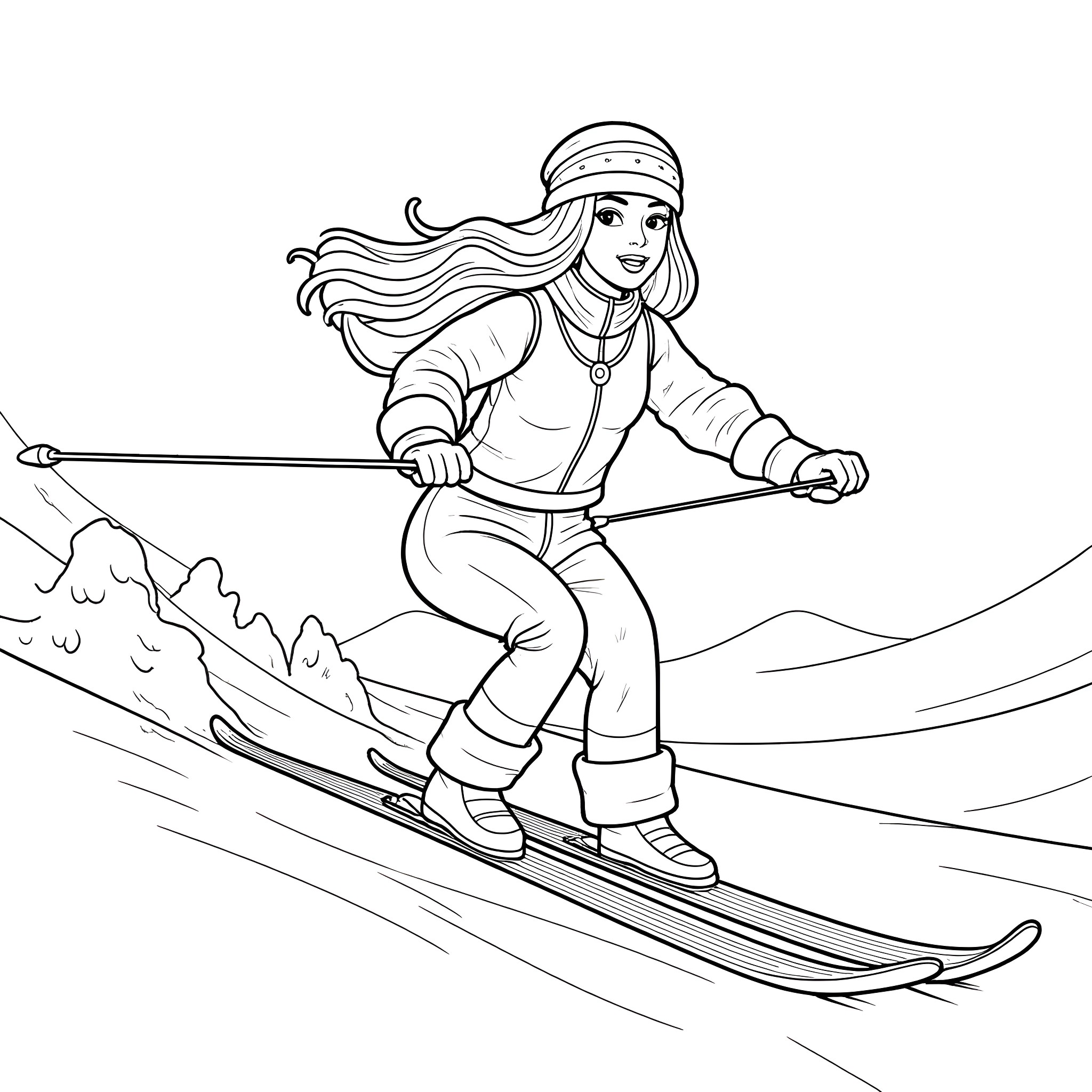 Cleopatra skiing down the snowy slopes Coloring Page (free black-and-white line drawing printable PDF for all, from beginners to advanced learners, including children, teens, adults, and seniors)