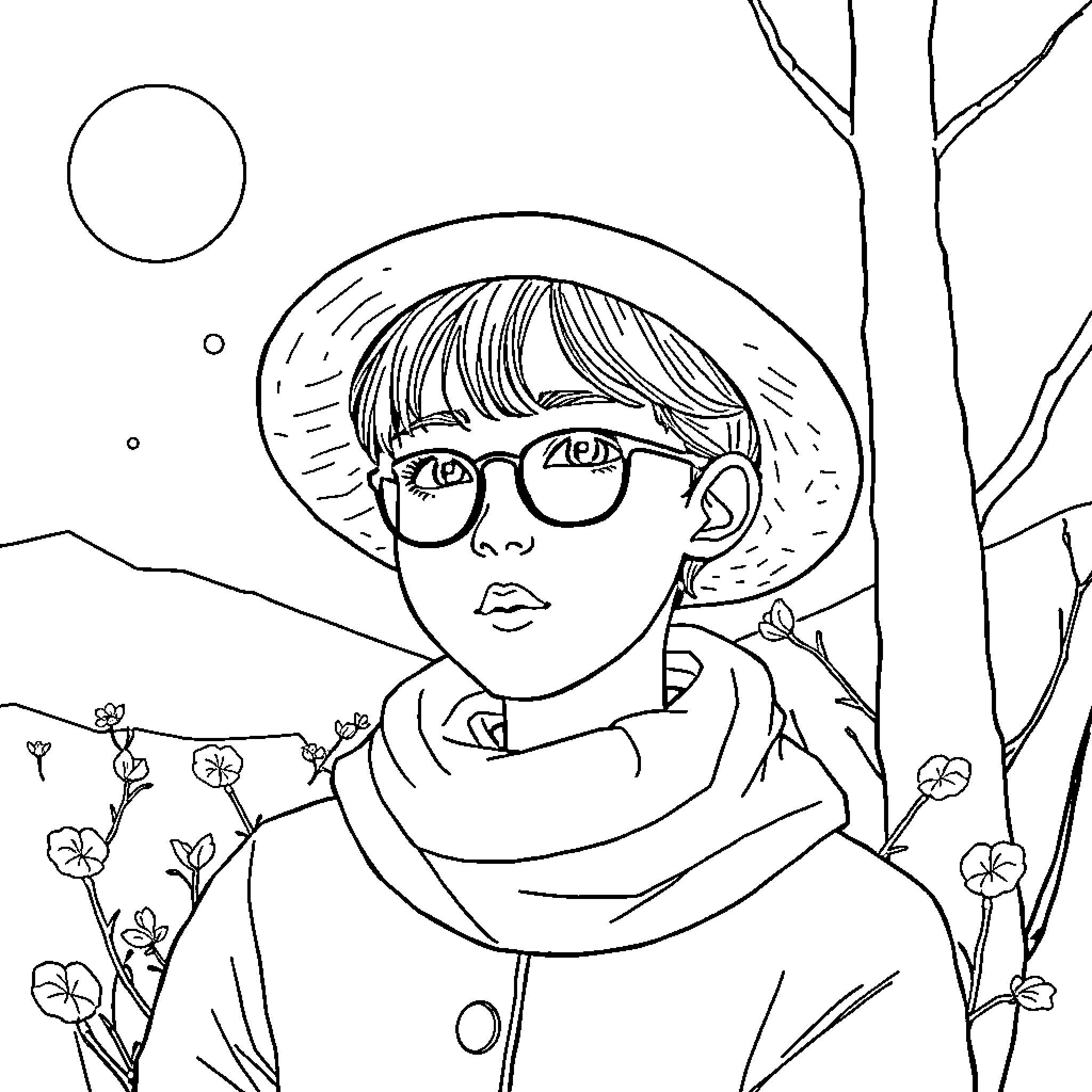 Cha Eun Woo in a winter wonderland Coloring Page (free black-and-white line drawing printable PDF for all, from beginners to advanced learners, including children, teens, adults, and seniors)