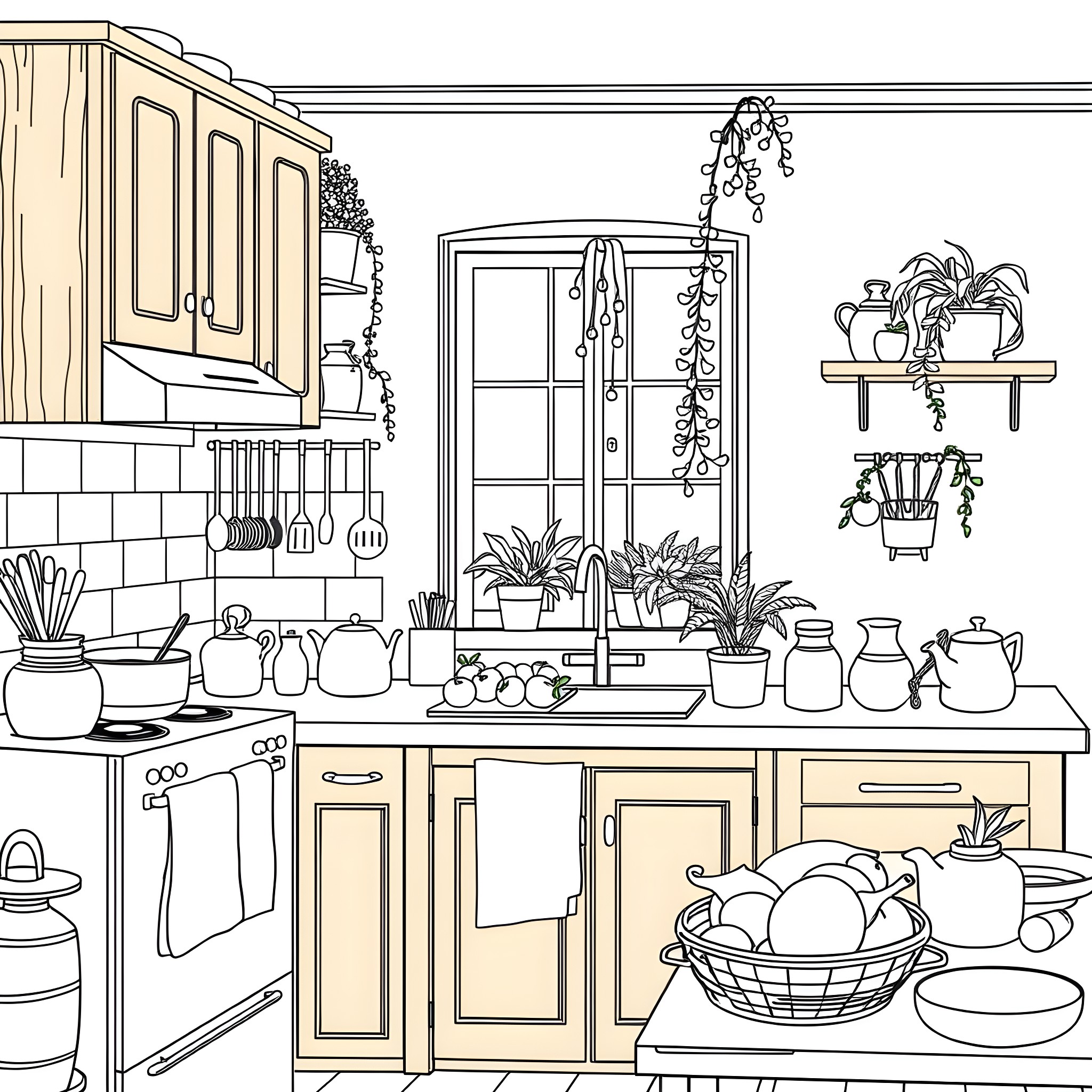 Kitchen with Cooking Utensils and Houseplants Coloring Page (free black-and-white line drawing printable PDF for all, from beginners to advanced learners, including children, teens, adults, and seniors)