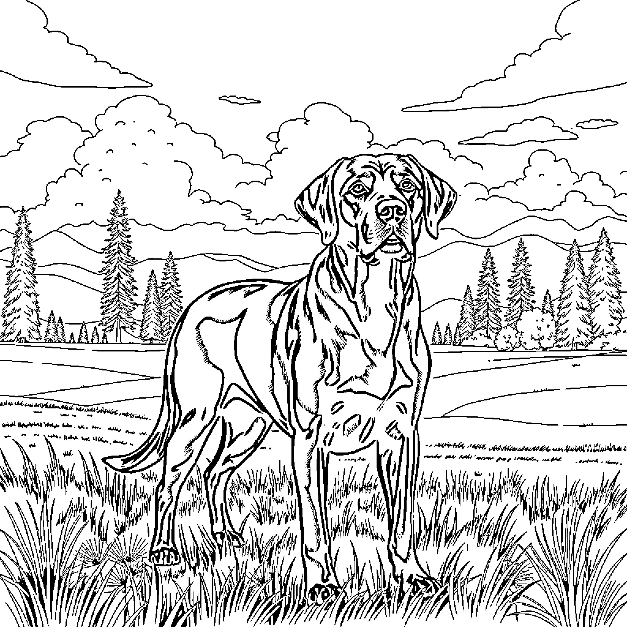 Lab dog in nature landscape Coloring Page (free black-and-white line drawing printable PDF for all, from beginners to advanced learners, including children, teens, adults, and seniors)