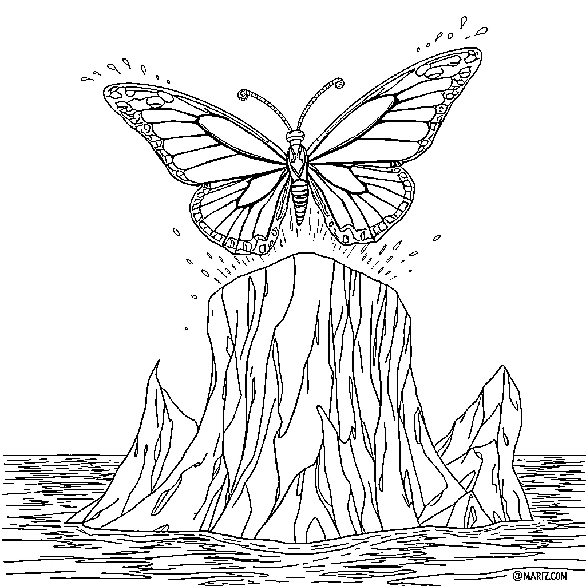 Butterfly soaring above the rugged terrain Coloring Page (free black-and-white line drawing printable PDF for all, from beginners to advanced learners, including children, teens, adults, and seniors)