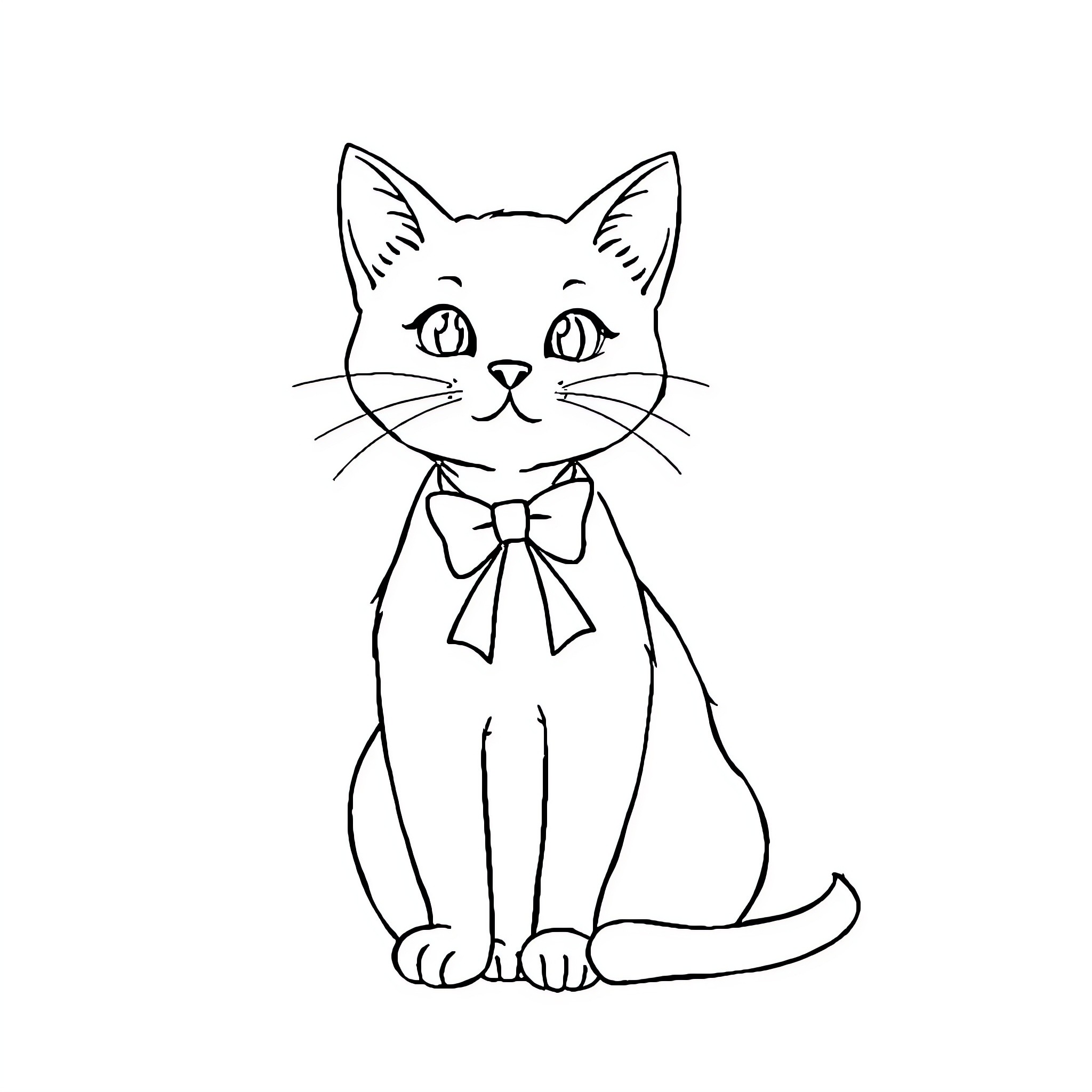 Cat with a Bow Tie Coloring Page (free black-and-white line drawing printable PDF for all, from beginners to advanced learners, including children, teens, adults, and seniors)