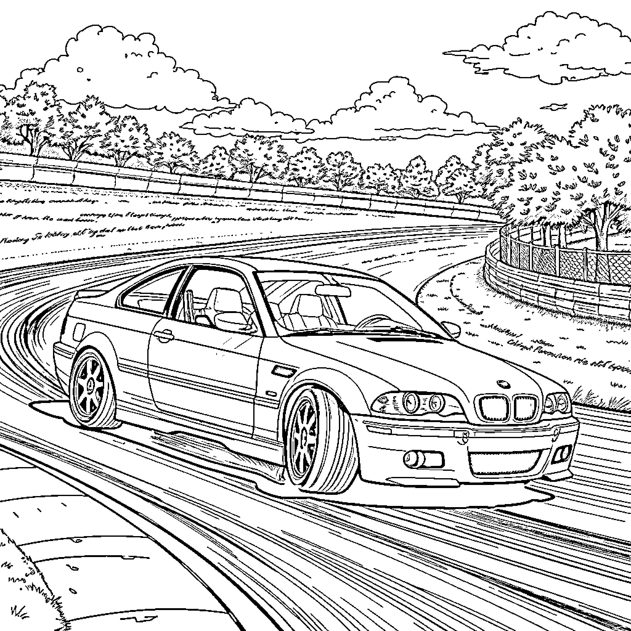 BMW M3 speeding through a scenic countryside road Coloring Page (free black-and-white line drawing printable PDF for all, from beginners to advanced learners, including children, teens, adults, and seniors)