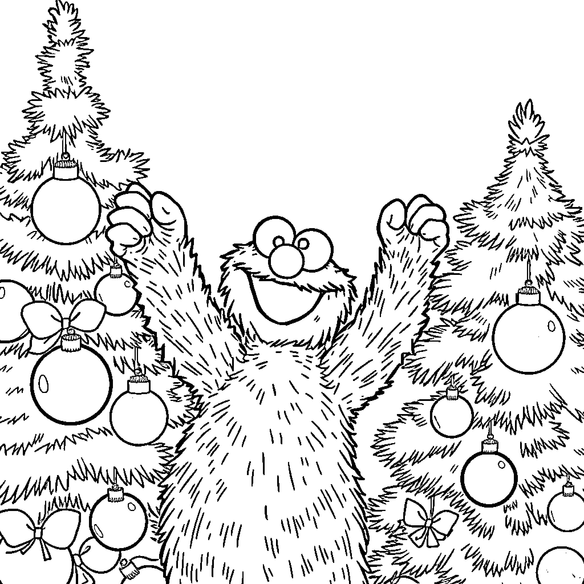 Cookie Monster celebrating Christmas among decorated trees Coloring Page (free black-and-white line drawing printable PDF for all, from beginners to advanced learners, including children, teens, adults, and seniors)