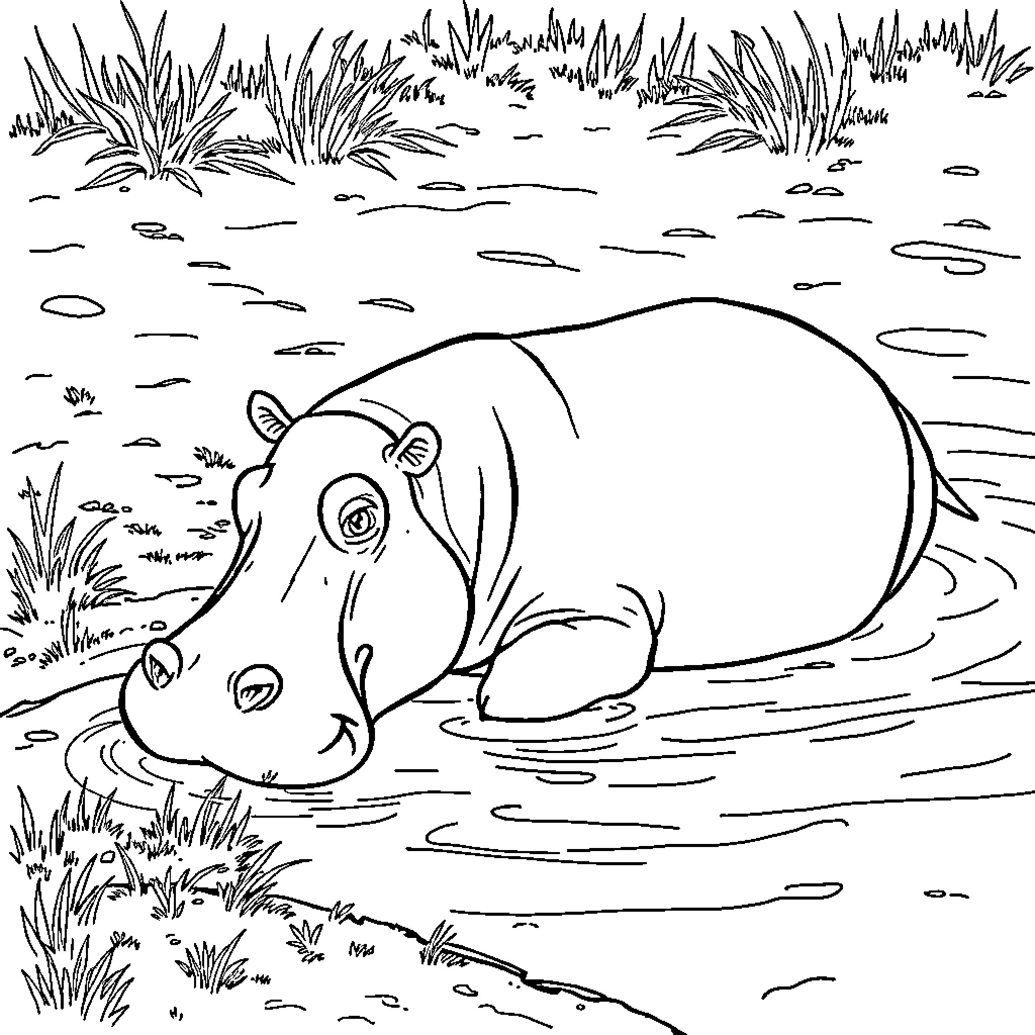 Hippopotamus relaxing in the water Coloring Page (free black-and-white line drawing printable PDF for all, from beginners to advanced learners, including children, teens, adults, and seniors)