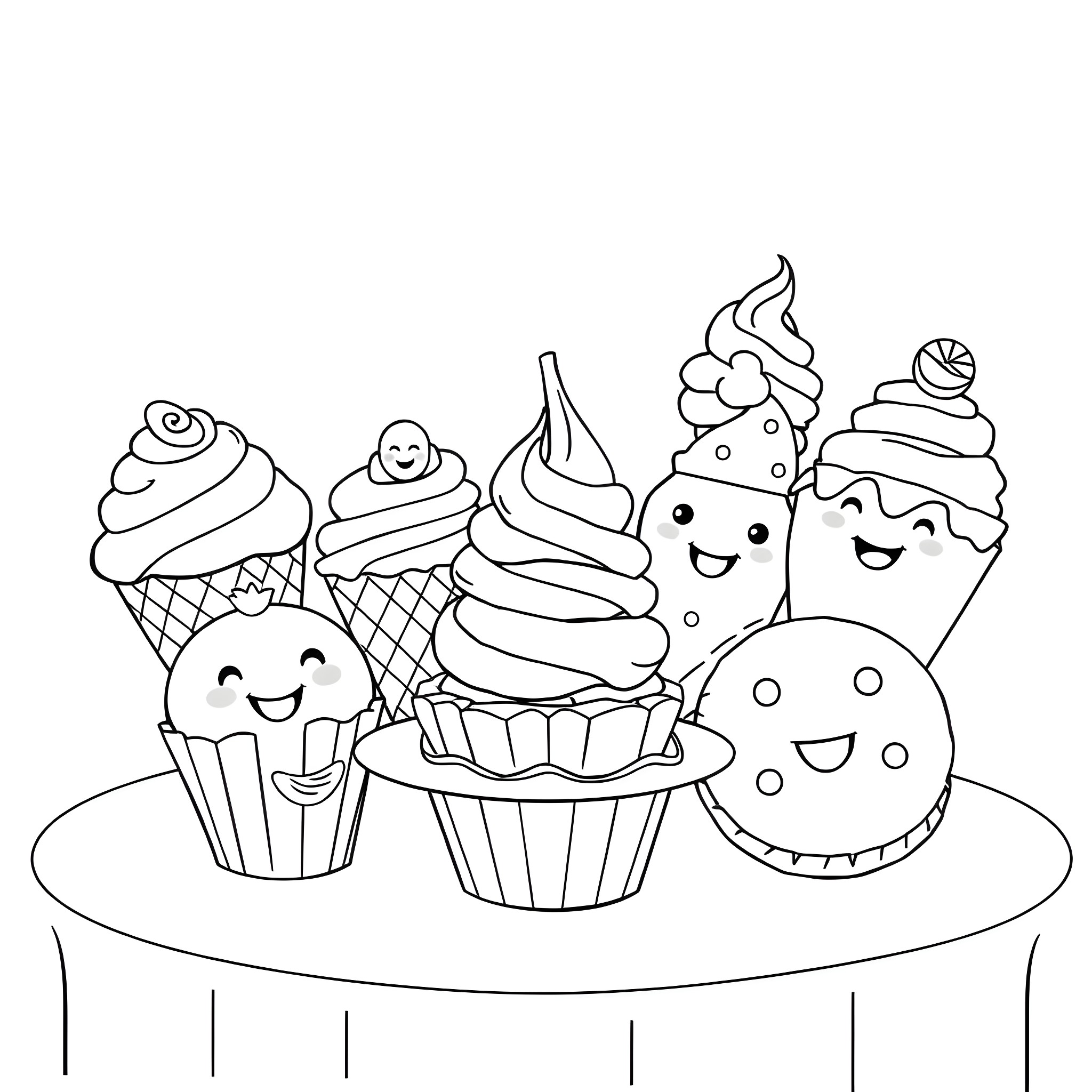 Sweet Treat: Cheerful Assortment of Cartoon Desserts Coloring Page (free black-and-white line drawing printable PDF for all, from beginners to advanced learners, including children, teens, adults, and seniors)