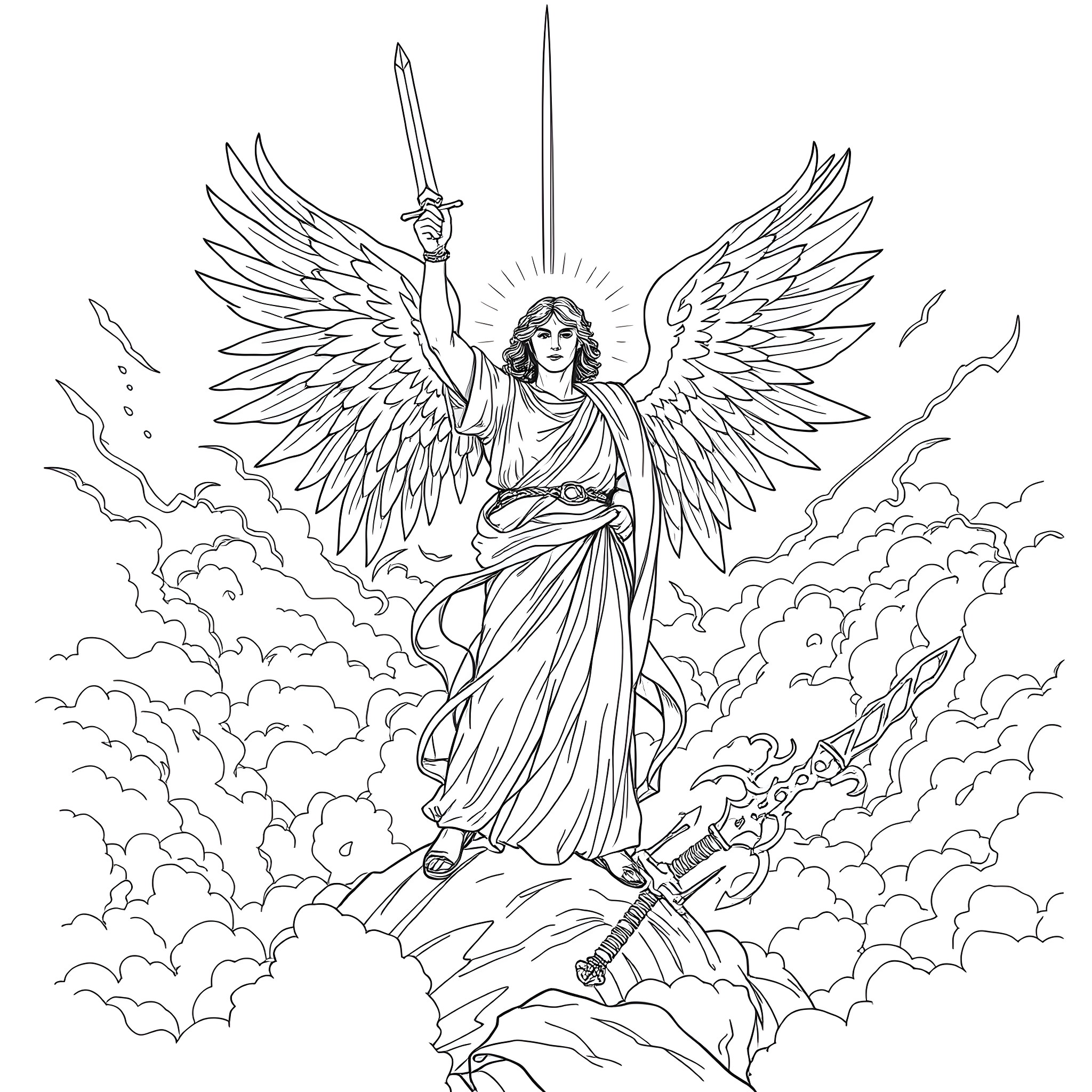 Michael, the Winged Guardian Wielding Sword of Light Coloring Page (free black-and-white line drawing printable PDF for all, from beginners to advanced learners, including children, teens, adults, and seniors)
