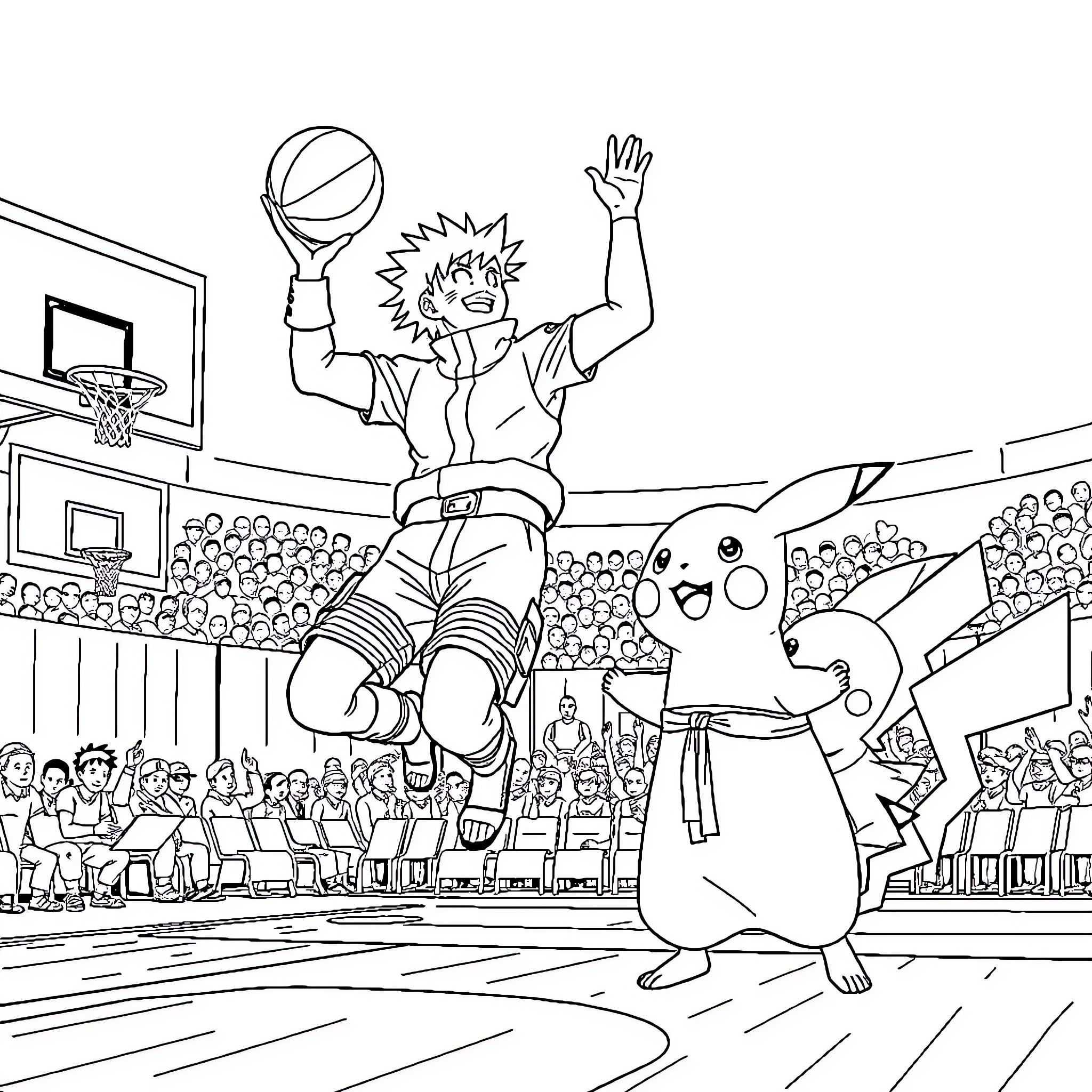 Naruto playing basketball with Pikachu in a crowded arena Coloring Page (free black-and-white line drawing printable PDF for all, from beginners to advanced learners, including children, teens, adults, and seniors)