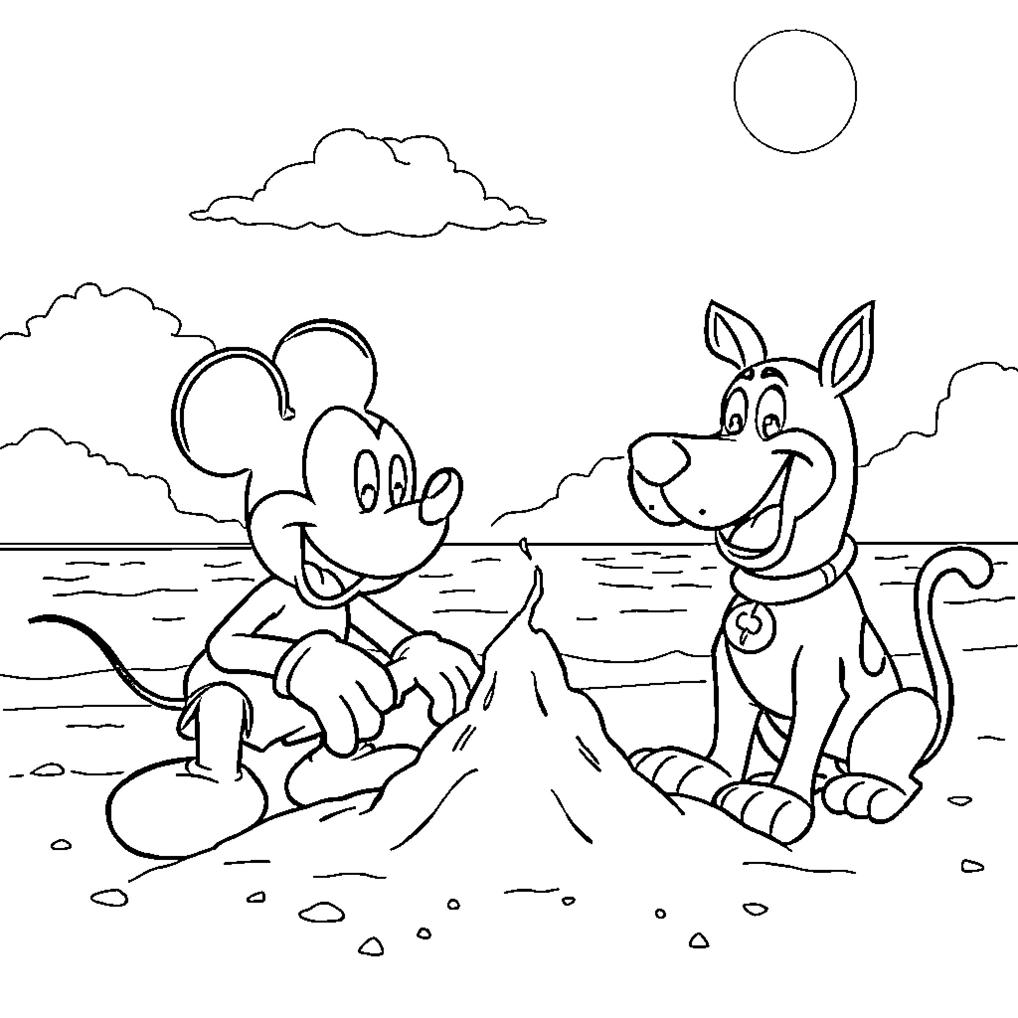 Mickey Mouse and a friendly dog playing on the beach Coloring Page (free black-and-white line drawing printable PDF for all, from beginners to advanced learners, including children, teens, adults, and seniors)