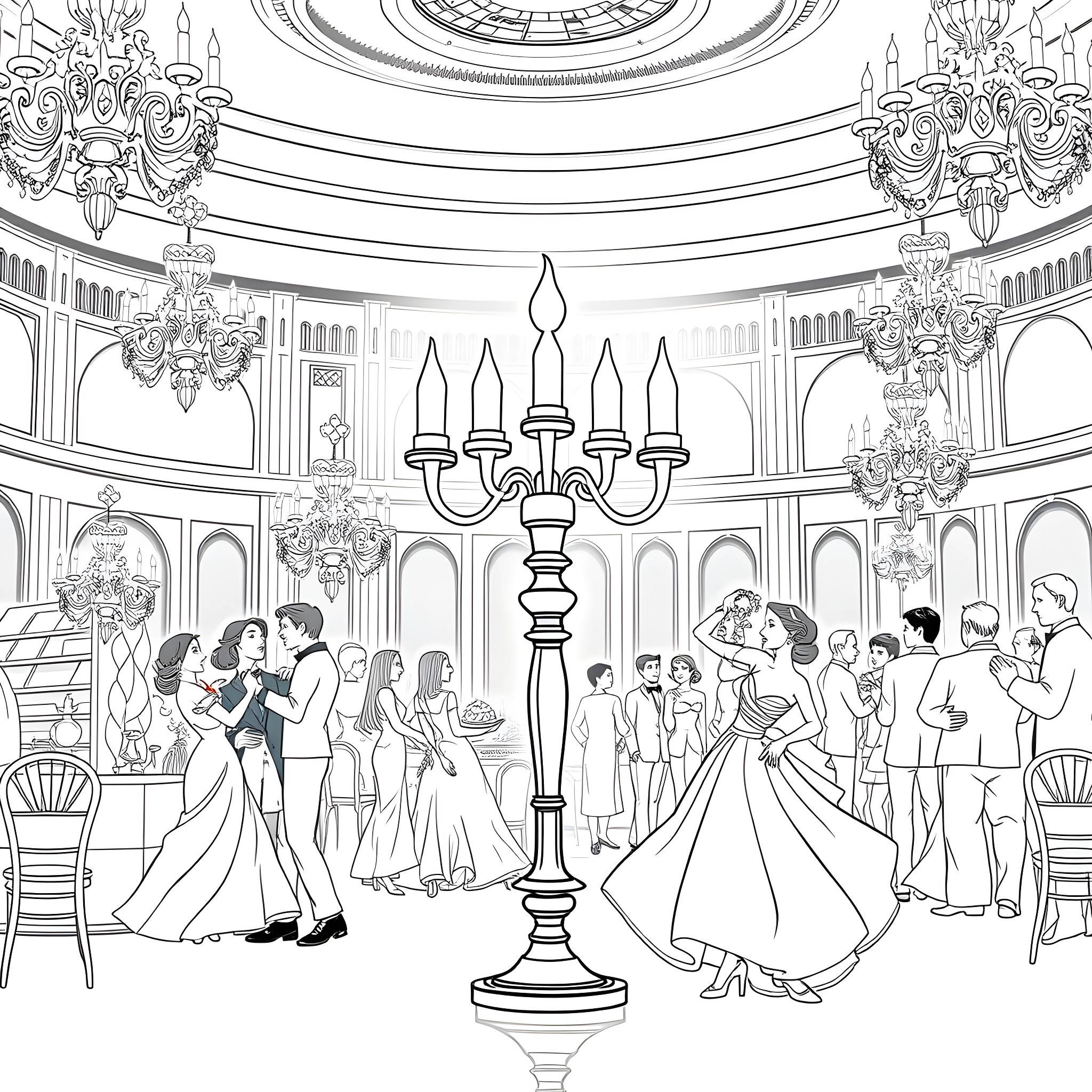 Lumiere: Elegant Ballroom Dance at a Royal Gala Coloring Page (free black-and-white line drawing printable PDF for all, from beginners to advanced learners, including children, teens, adults, and seniors)