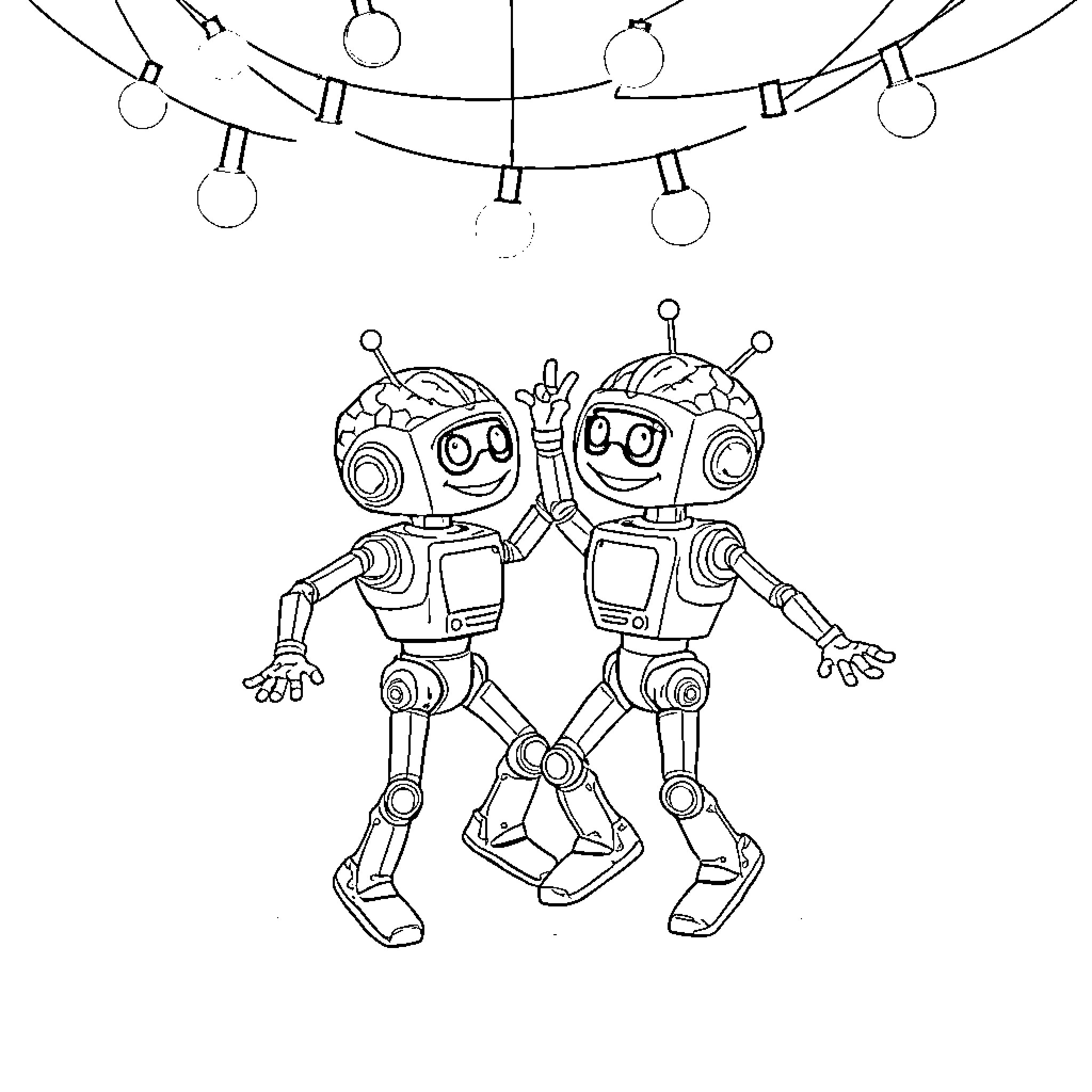 Brainbot robots dancing under the lights Coloring Page (free black-and-white line drawing printable PDF for all, from beginners to advanced learners, including children, teens, adults, and seniors)
