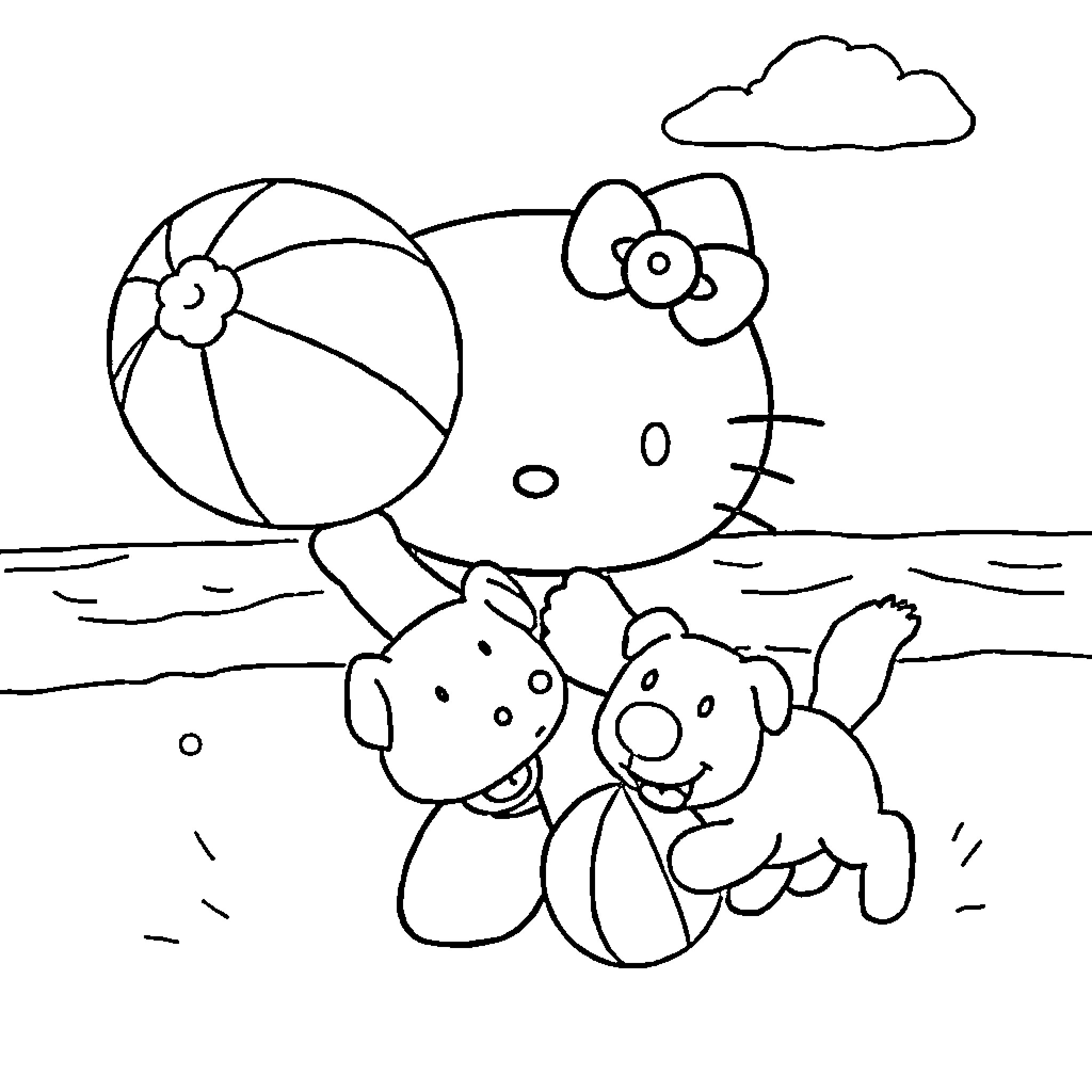 Hello Kitty playing with friends at the beach Coloring Page (free black-and-white line drawing printable PDF for all, from beginners to advanced learners, including children, teens, adults, and seniors)