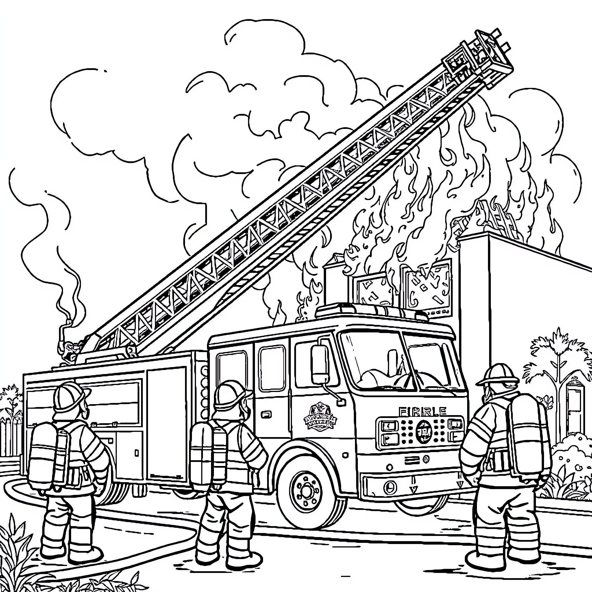 Fire Truck Responding to Emergency Situation Coloring Page (free black-and-white line drawing printable PDF for all, from beginners to advanced learners, including children, teens, adults, and seniors)