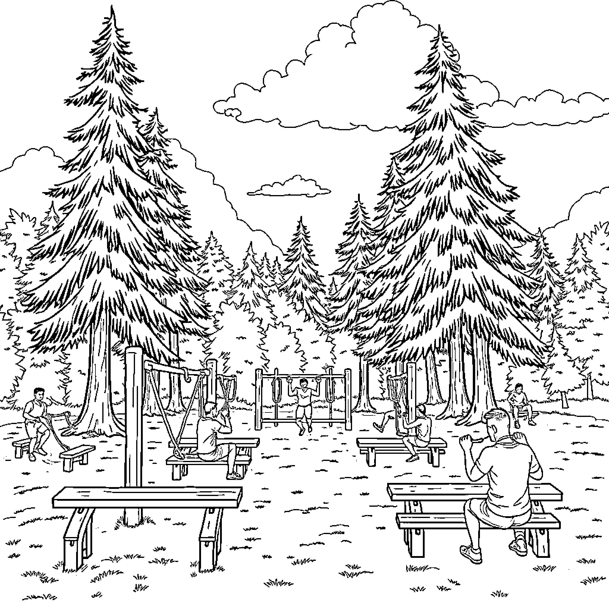 Gym in the Serene Forest Coloring Page (free black-and-white line drawing printable PDF for all, from beginners to advanced learners, including children, teens, adults, and seniors)