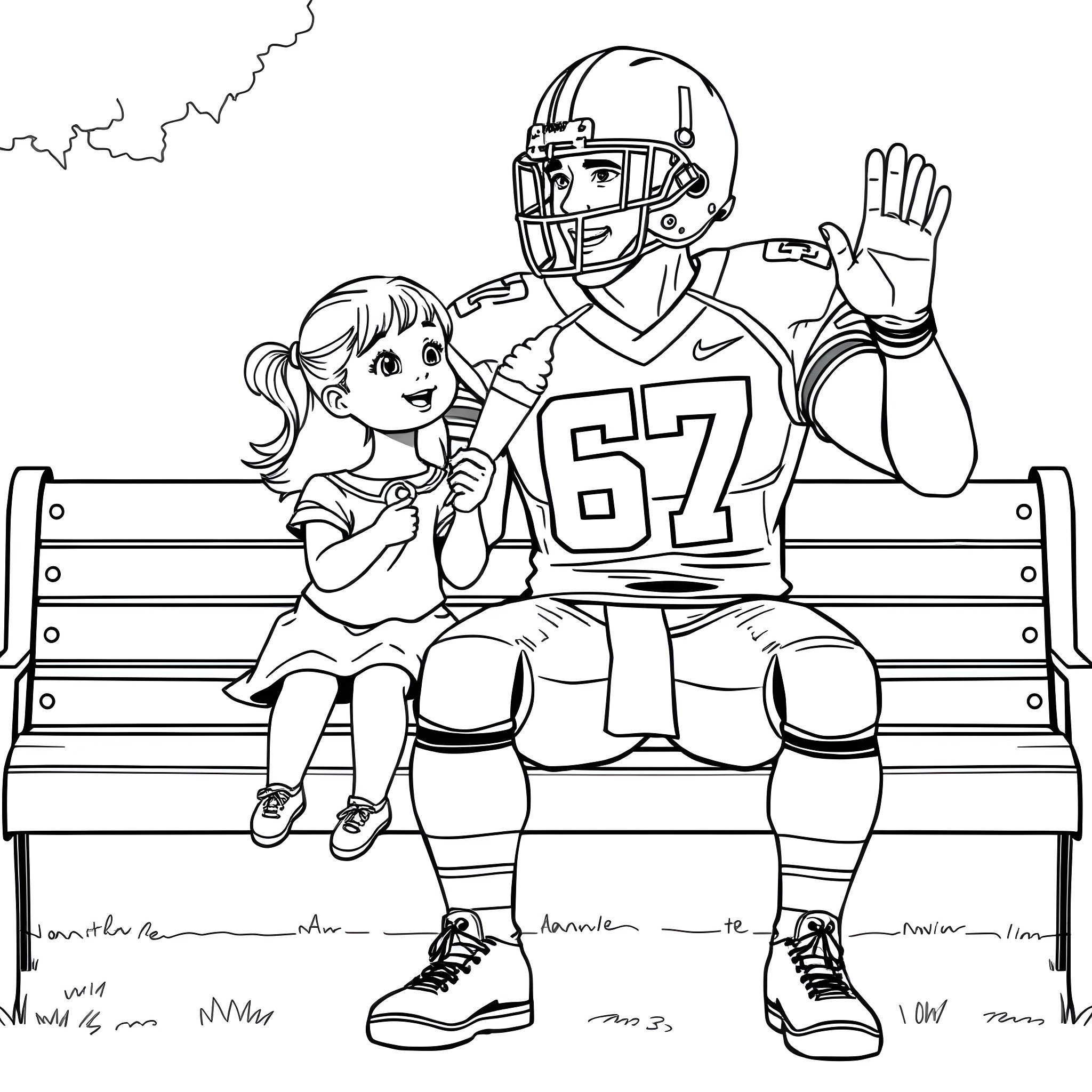 Football Player Sitting on Bench with Young Fan Coloring Page (free black-and-white line drawing printable PDF for all, from beginners to advanced learners, including children, teens, adults, and seniors)
