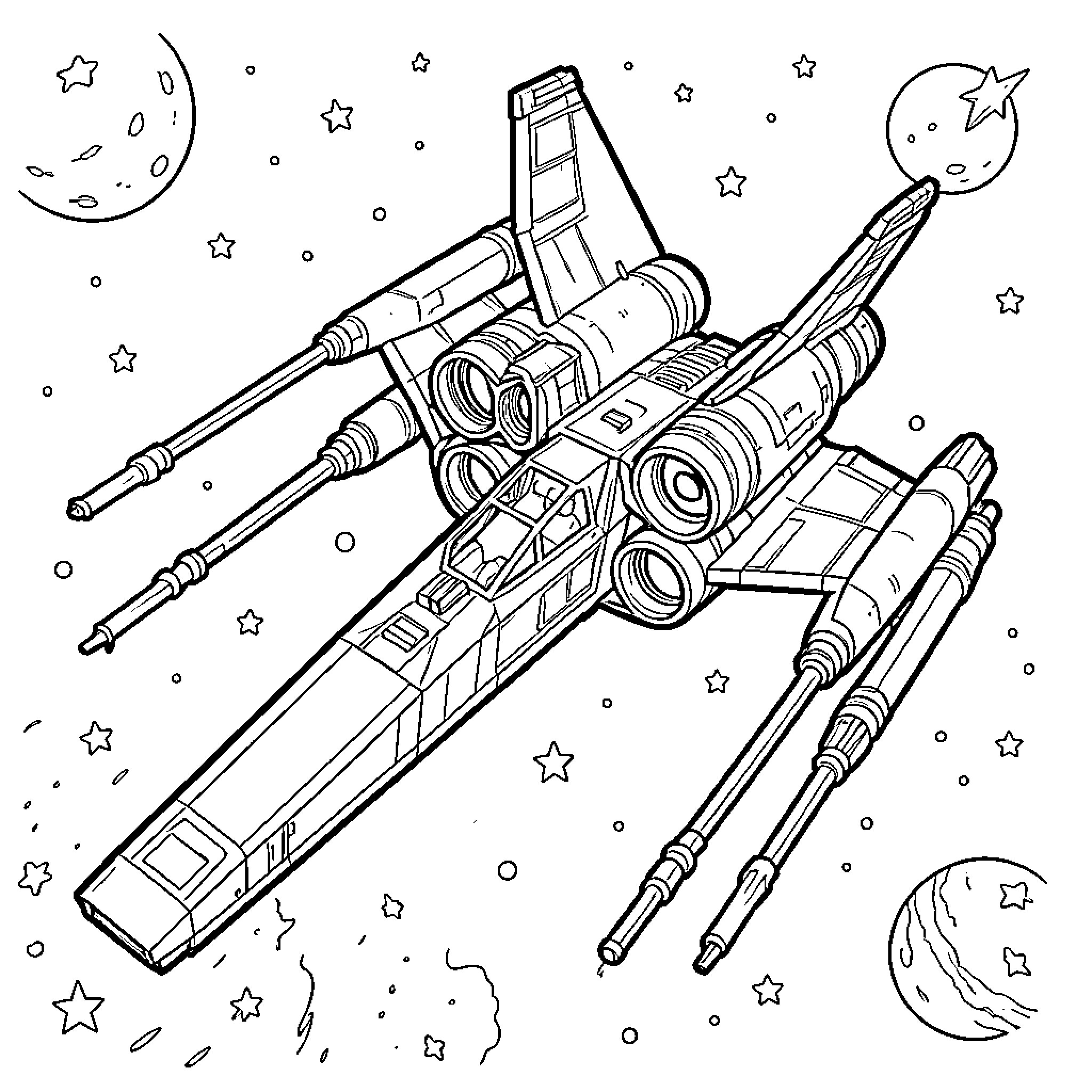 X-Wing flying through a star-filled space scene Coloring Page (free black-and-white line drawing printable PDF for all, from beginners to advanced learners, including children, teens, adults, and seniors)