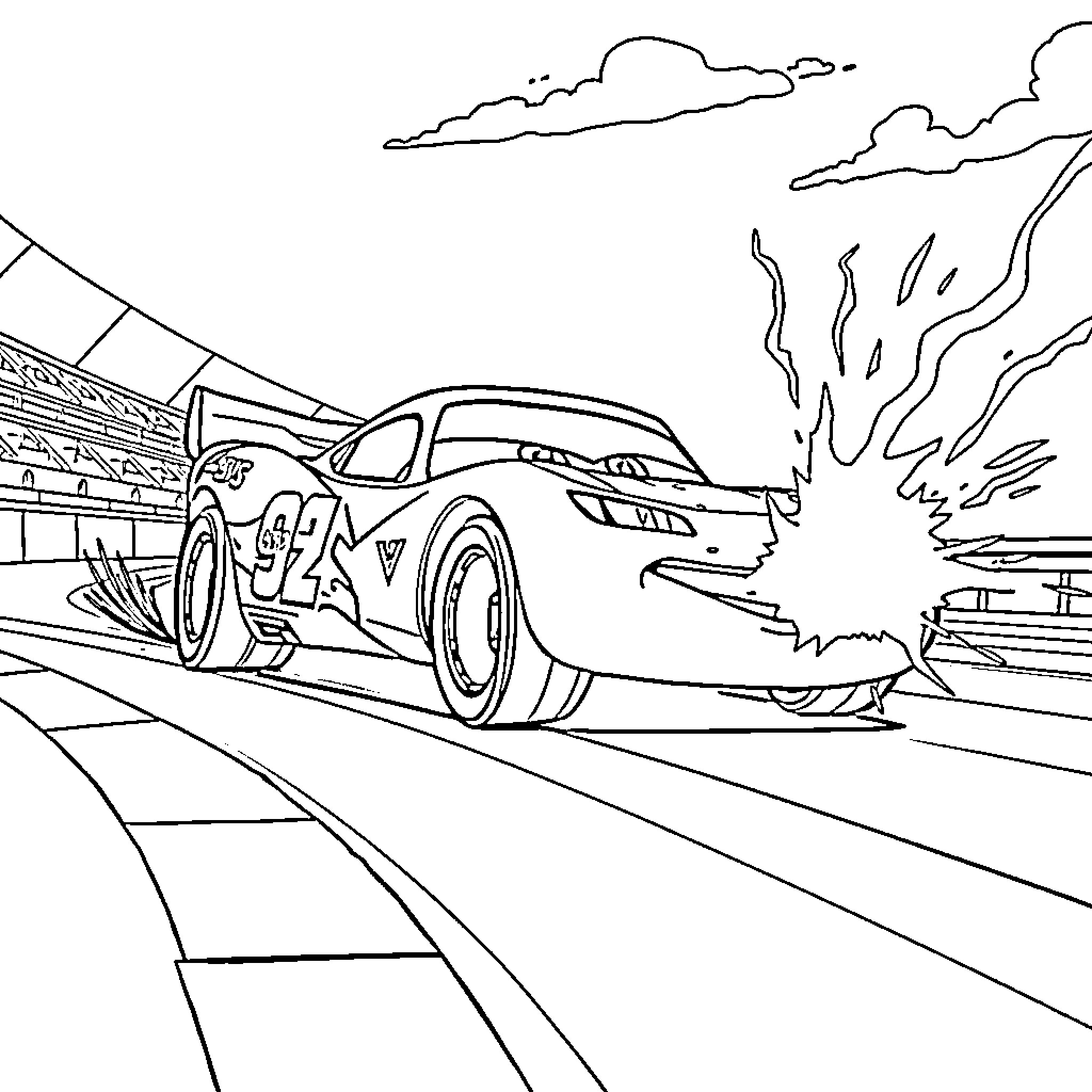 Lightning McQueen racing on the track Coloring Page (free black-and-white line drawing printable PDF for all, from beginners to advanced learners, including children, teens, adults, and seniors)
