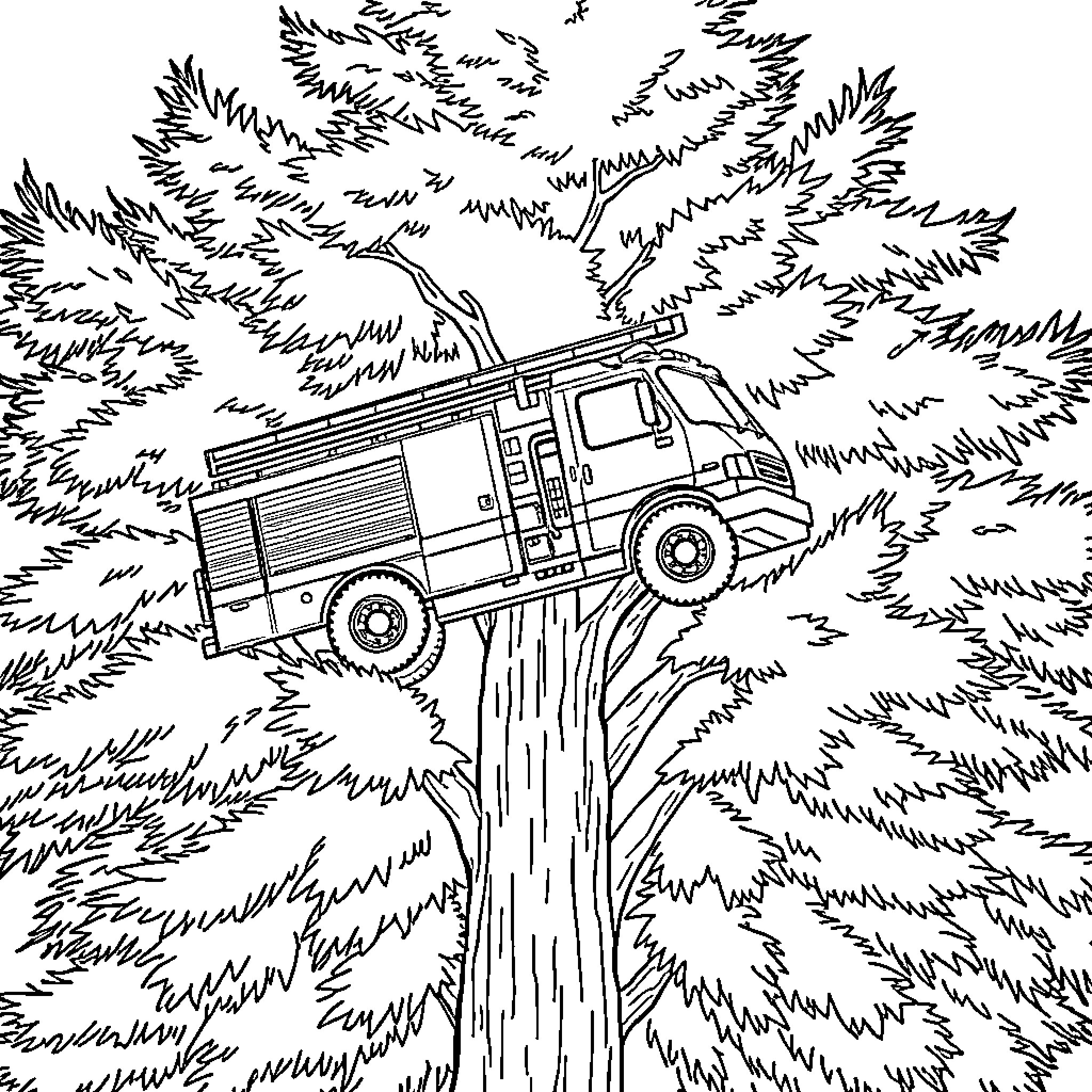 Fire Truck Navigating Through Wooded Path Coloring Page (free black-and-white line drawing printable PDF for all, from beginners to advanced learners, including children, teens, adults, and seniors)