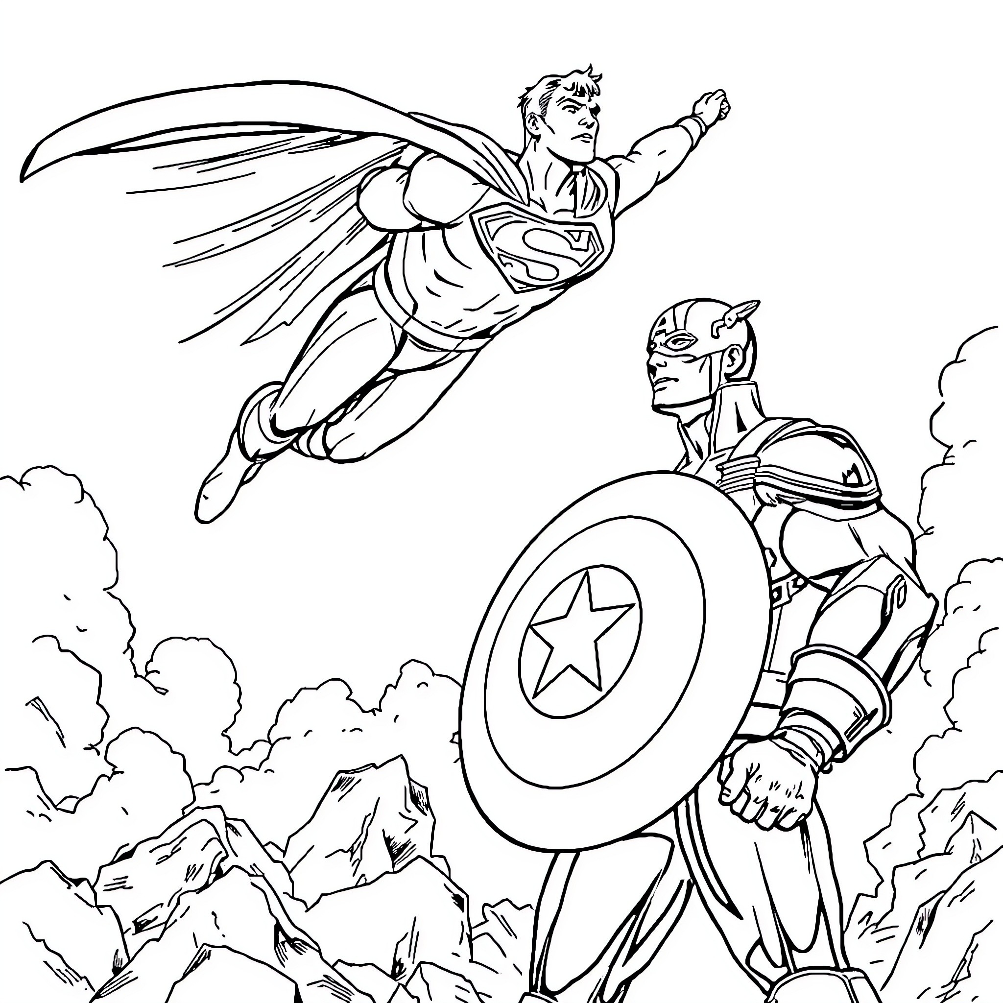 Superman soaring heroically, Captain America with shield ready Coloring Page (free black-and-white line drawing printable PDF for all, from beginners to advanced learners, including children, teens, adults, and seniors)