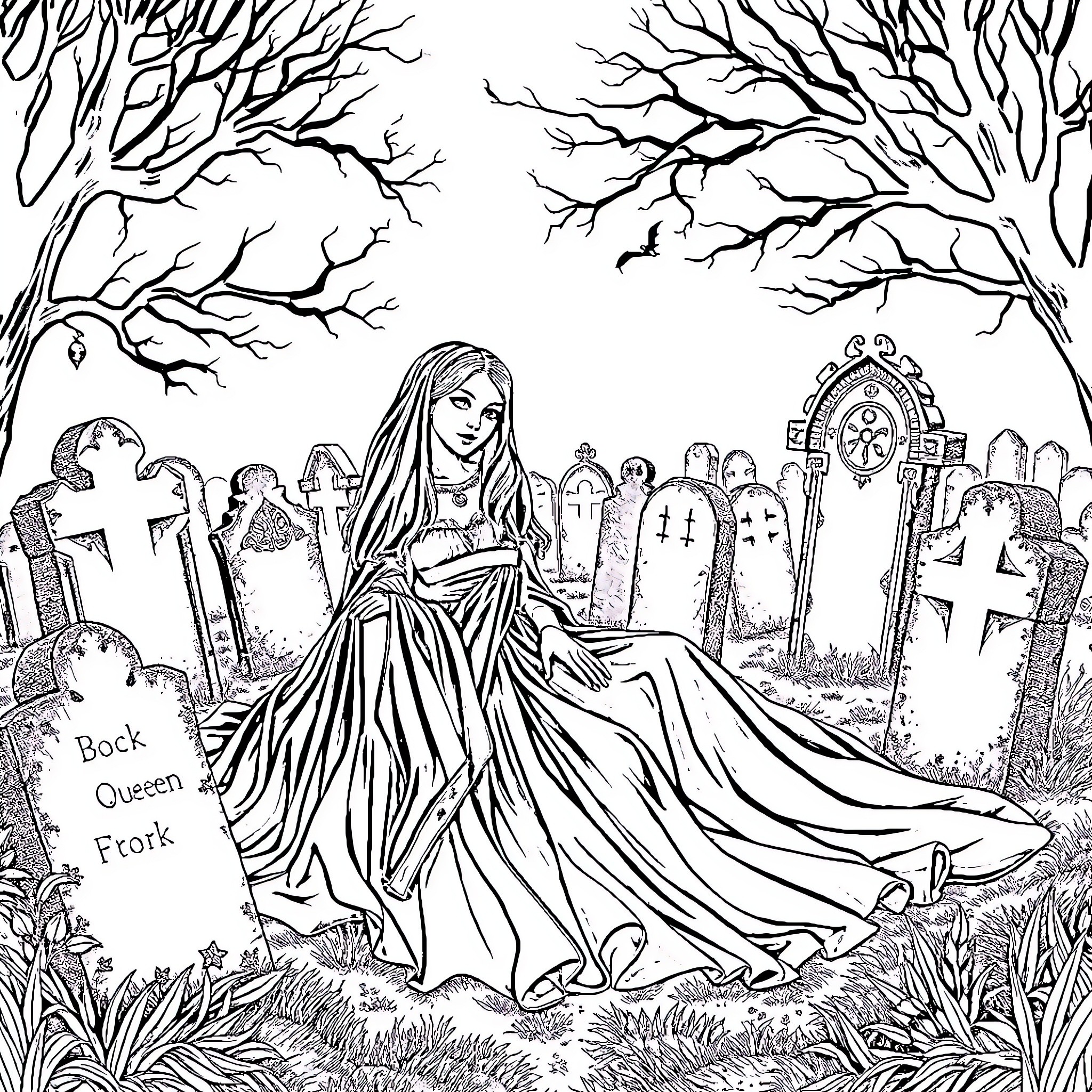 Queen sitting solemnly in a graveyard Coloring Page (free black-and-white line drawing printable PDF for all, from beginners to advanced learners, including children, teens, adults, and seniors)