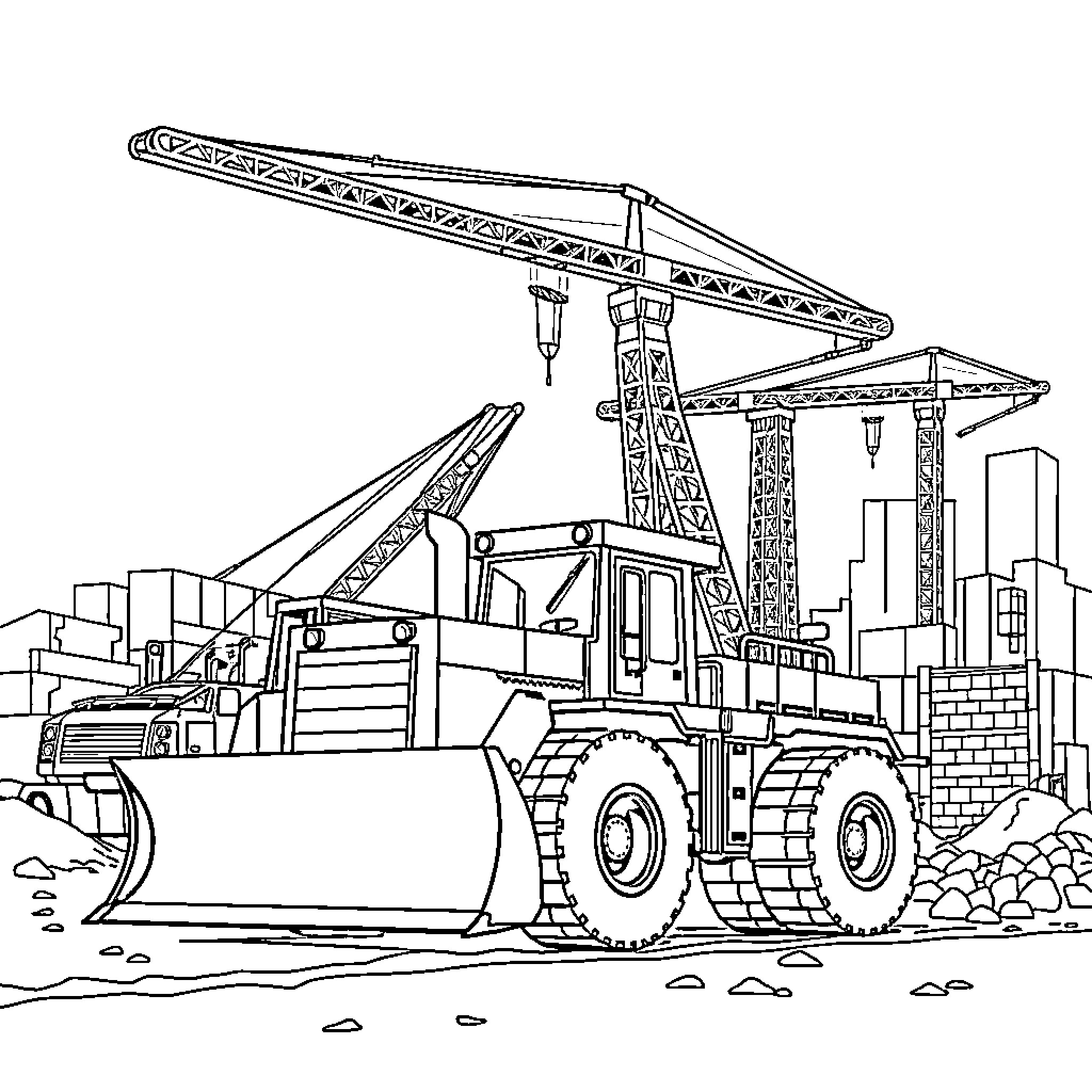 Construction Equipment Operating on a Construction Site Coloring Page (free black-and-white line drawing printable PDF for all, from beginners to advanced learners, including children, teens, adults, and seniors)