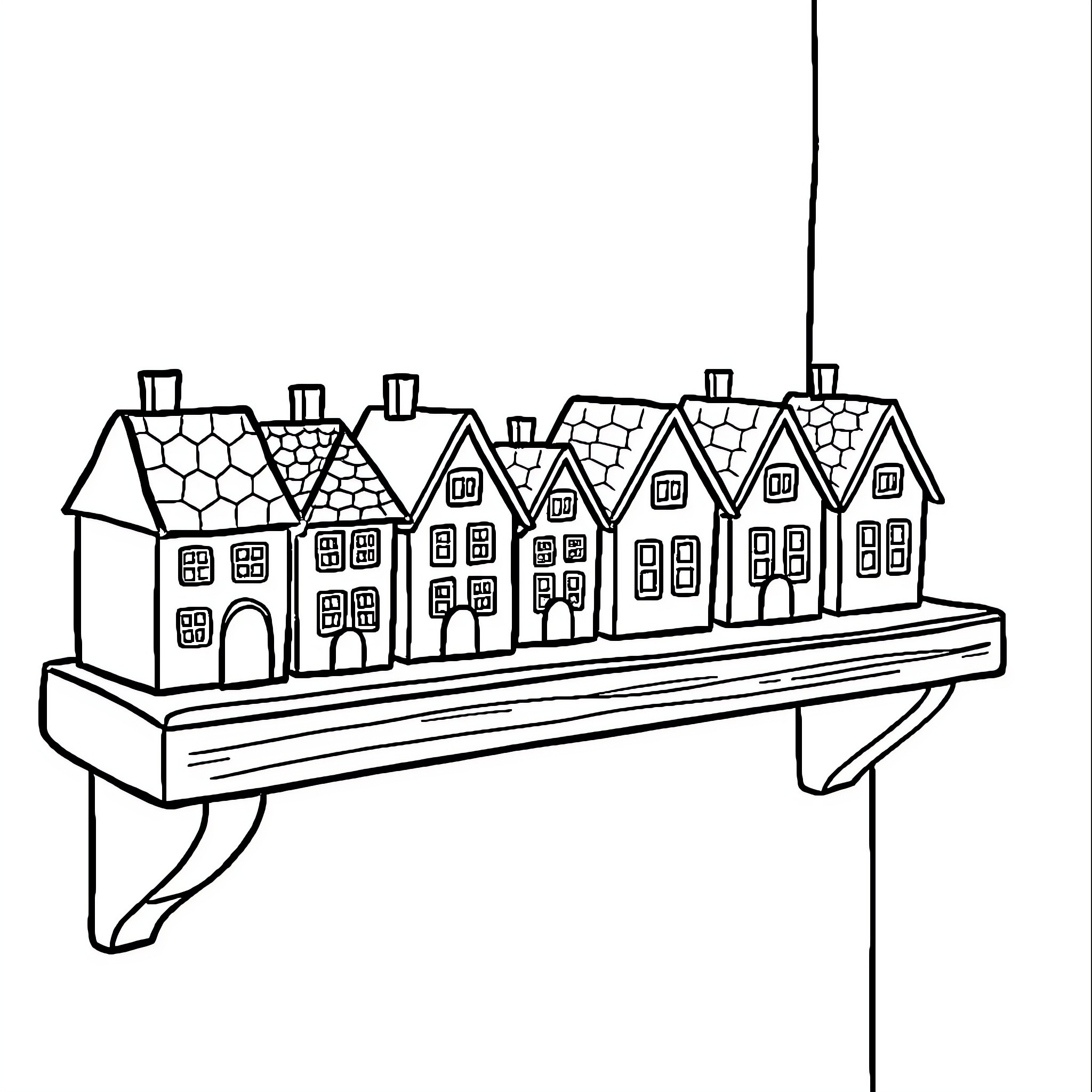 House Decorations on a Shelf Coloring Page (free black-and-white line drawing printable PDF for all, from beginners to advanced learners, including children, teens, adults, and seniors)
