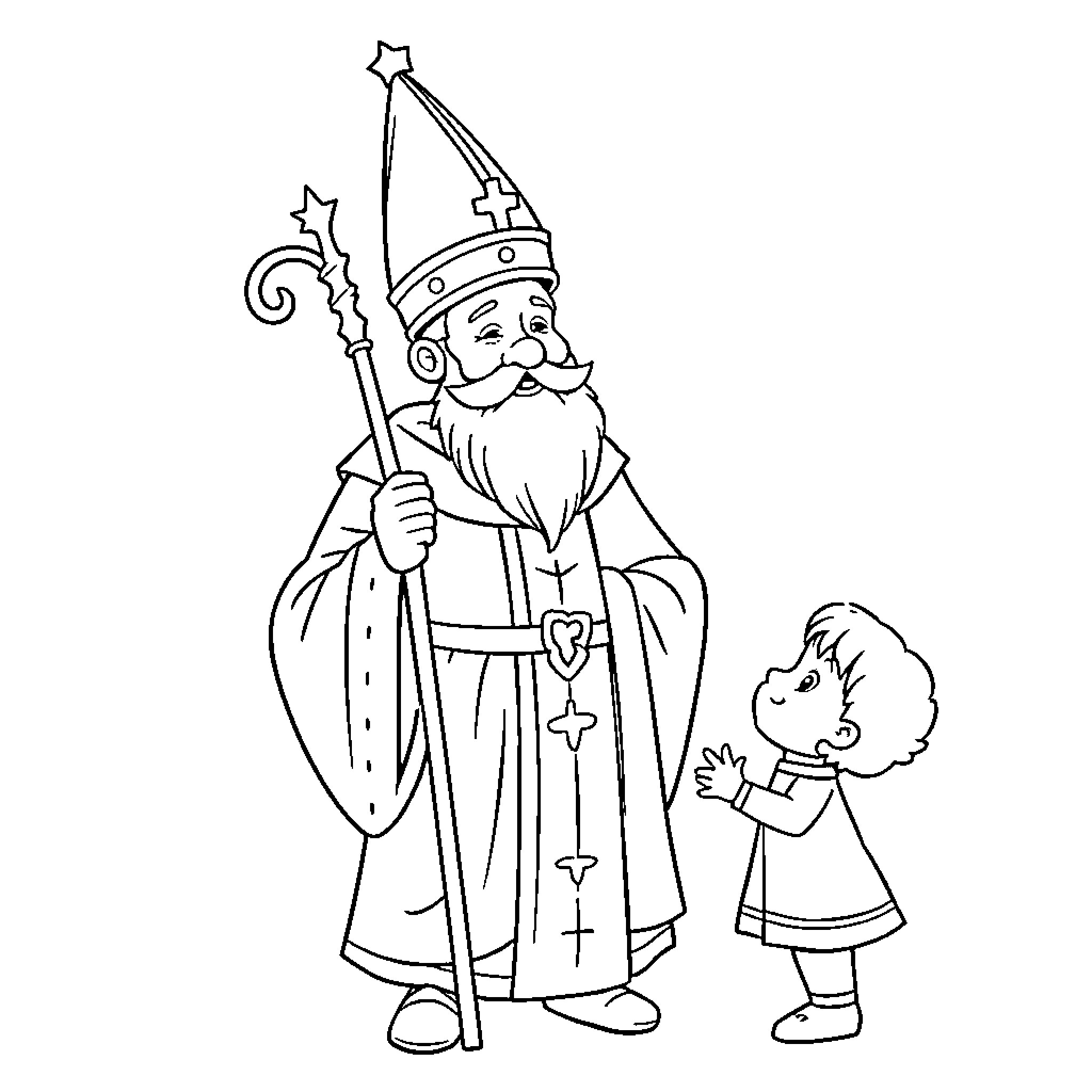 Saint Nicolas visiting a child Coloring Page (free black-and-white line drawing printable PDF for all, from beginners to advanced learners, including children, teens, adults, and seniors)