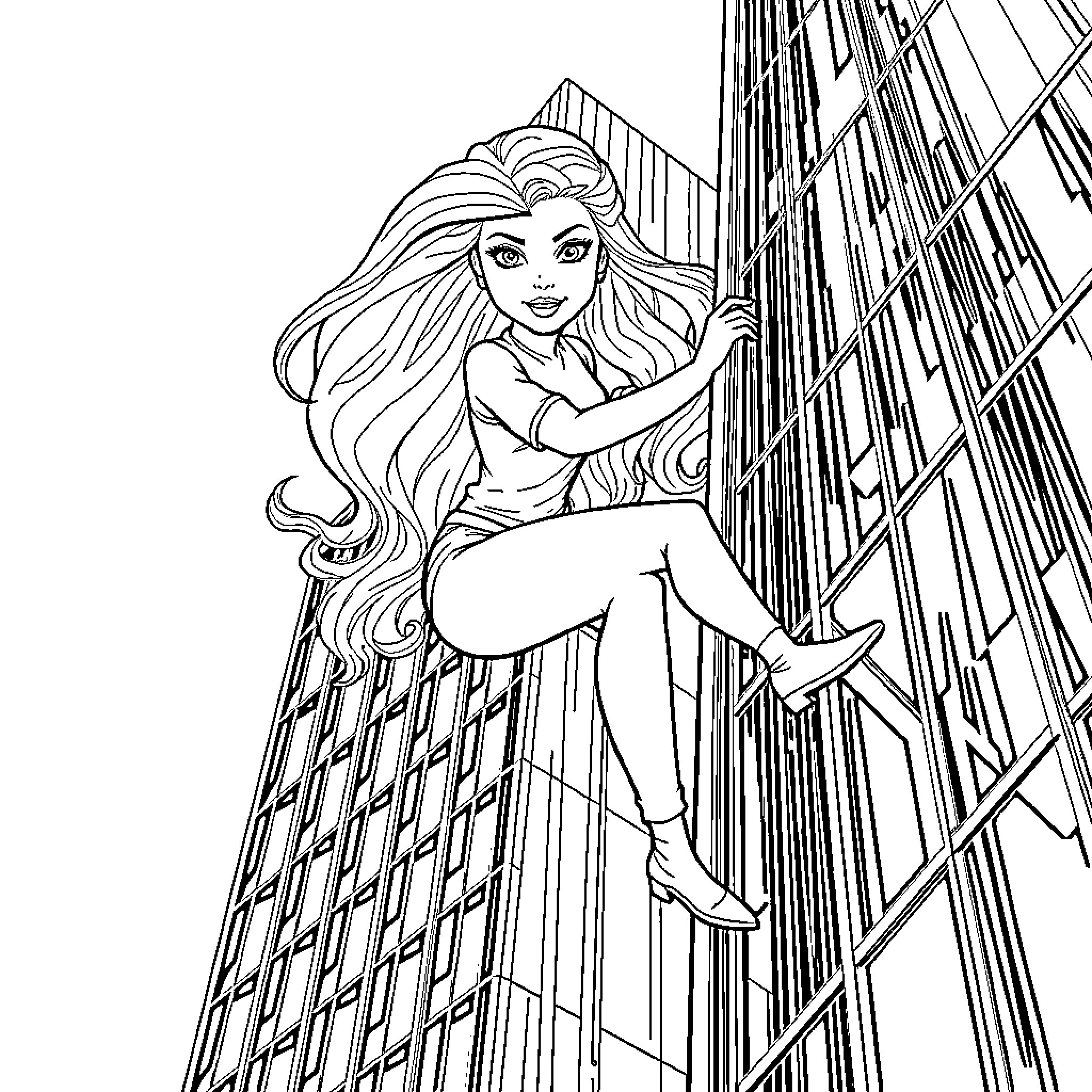 Barbie Scaling Tall Structures Coloring Page (free black-and-white line drawing printable PDF for all, from beginners to advanced learners, including children, teens, adults, and seniors)
