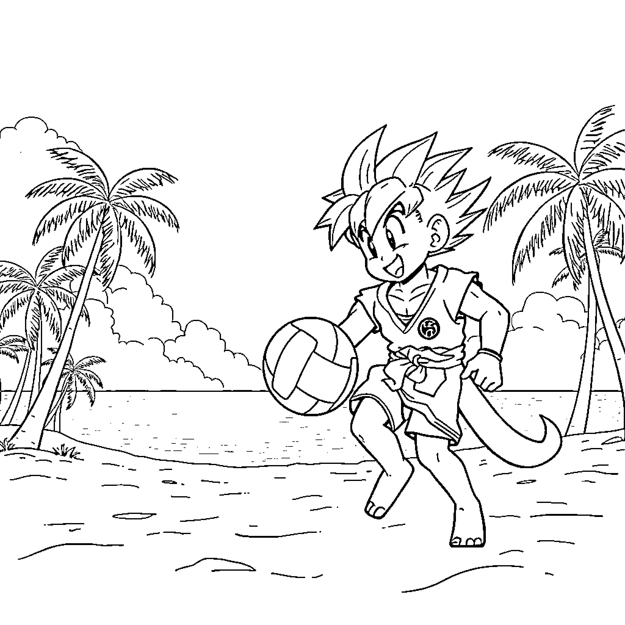 Ness playing with beach ball on tropical island Coloring Page (free black-and-white line drawing printable PDF for all, from beginners to advanced learners, including children, teens, adults, and seniors)