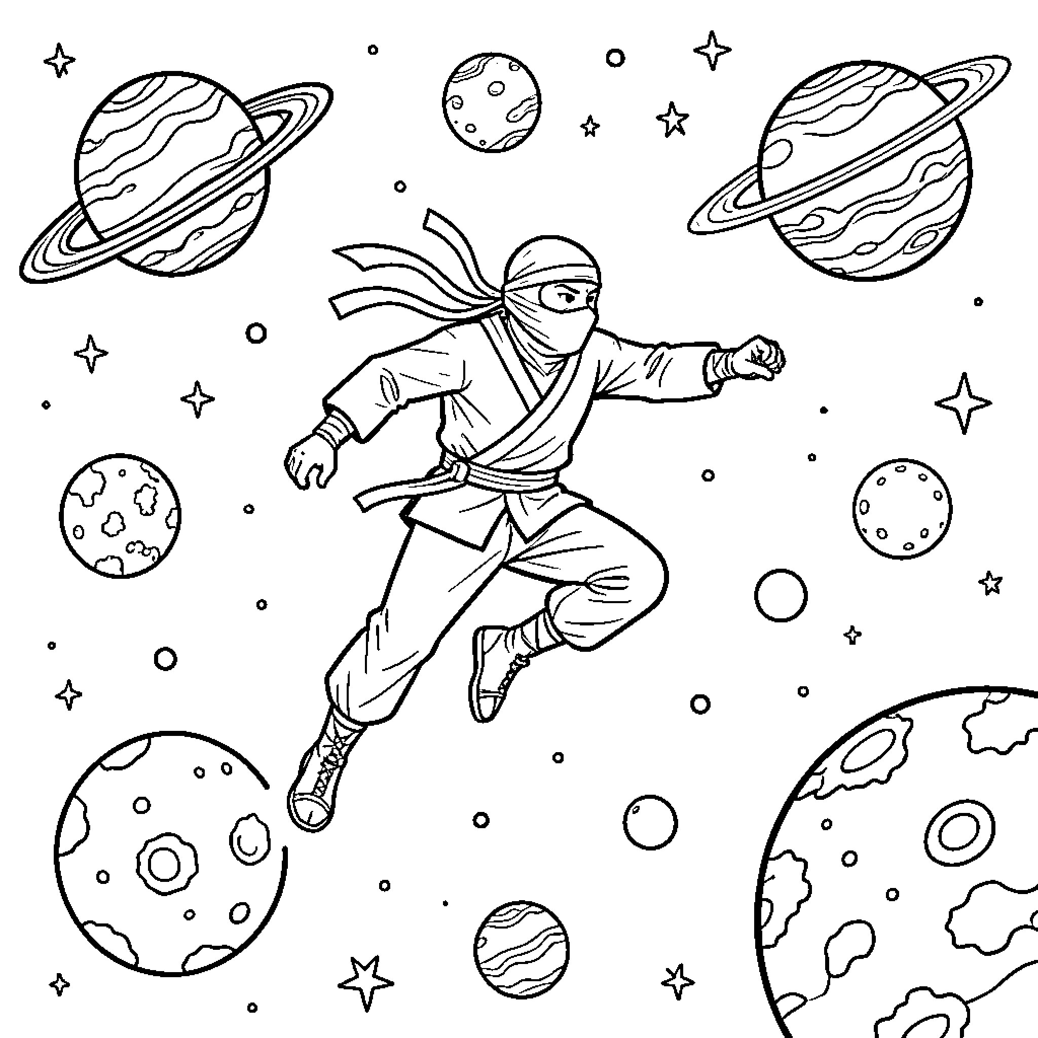 Ninja leaping through outer space among planets Coloring Page (free black-and-white line drawing printable PDF for all, from beginners to advanced learners, including children, teens, adults, and seniors)