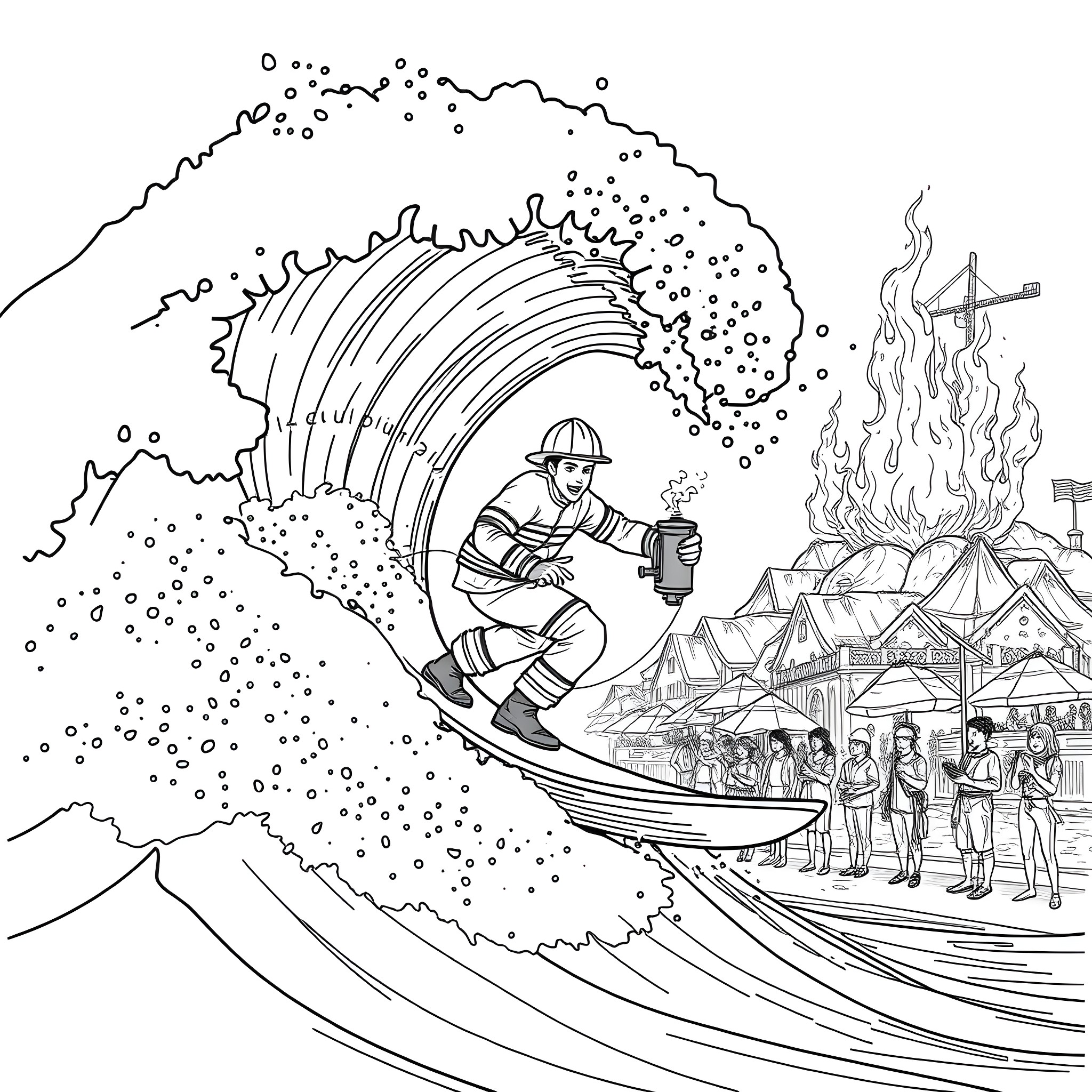 Firefighter Surfing the Waves of Smoke and Flames Coloring Page (free black-and-white line drawing printable PDF for all, from beginners to advanced learners, including children, teens, adults, and seniors)