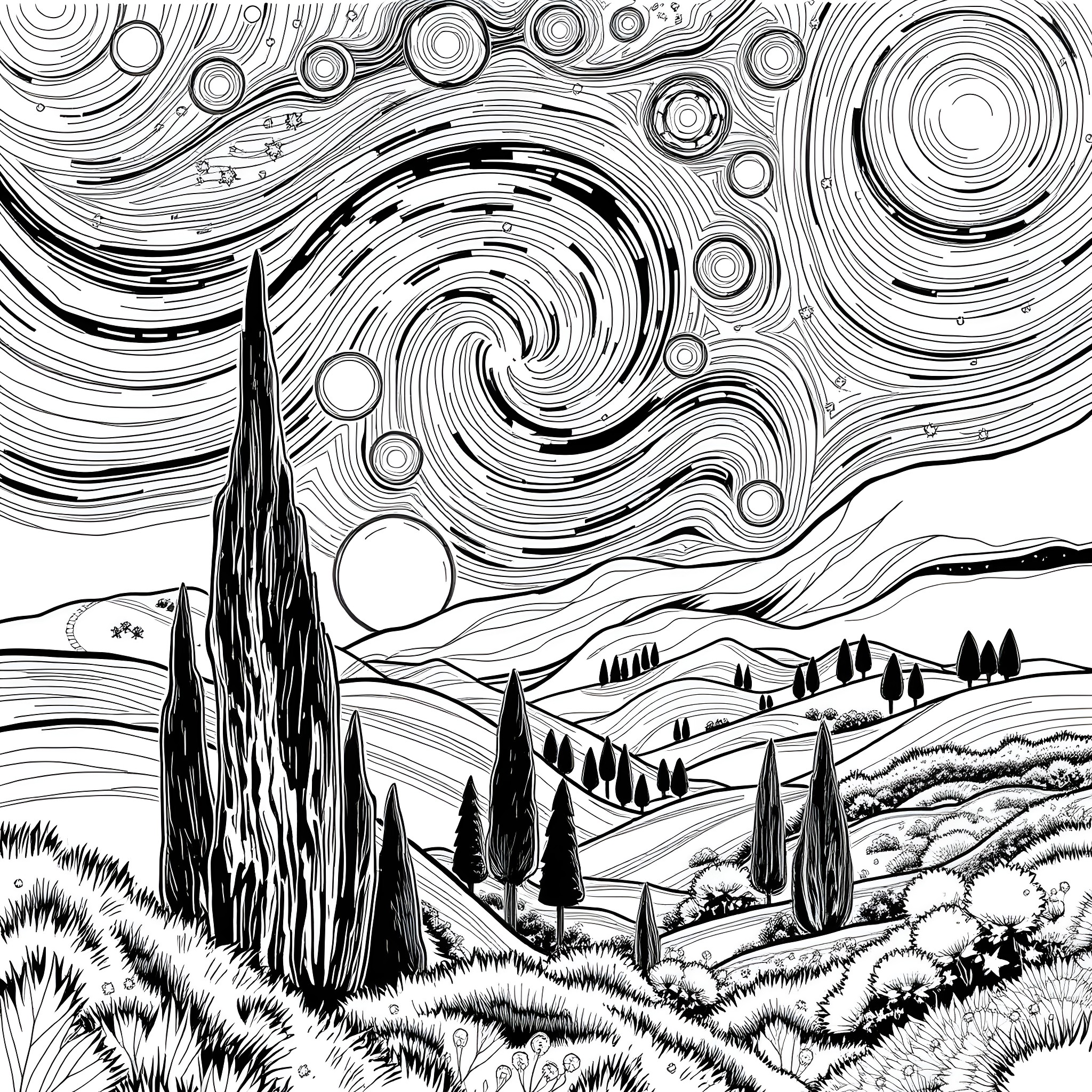 Landscape with Swirling Skies and Countryside Coloring Page (free black-and-white line drawing printable PDF for all, from beginners to advanced learners, including children, teens, adults, and seniors)