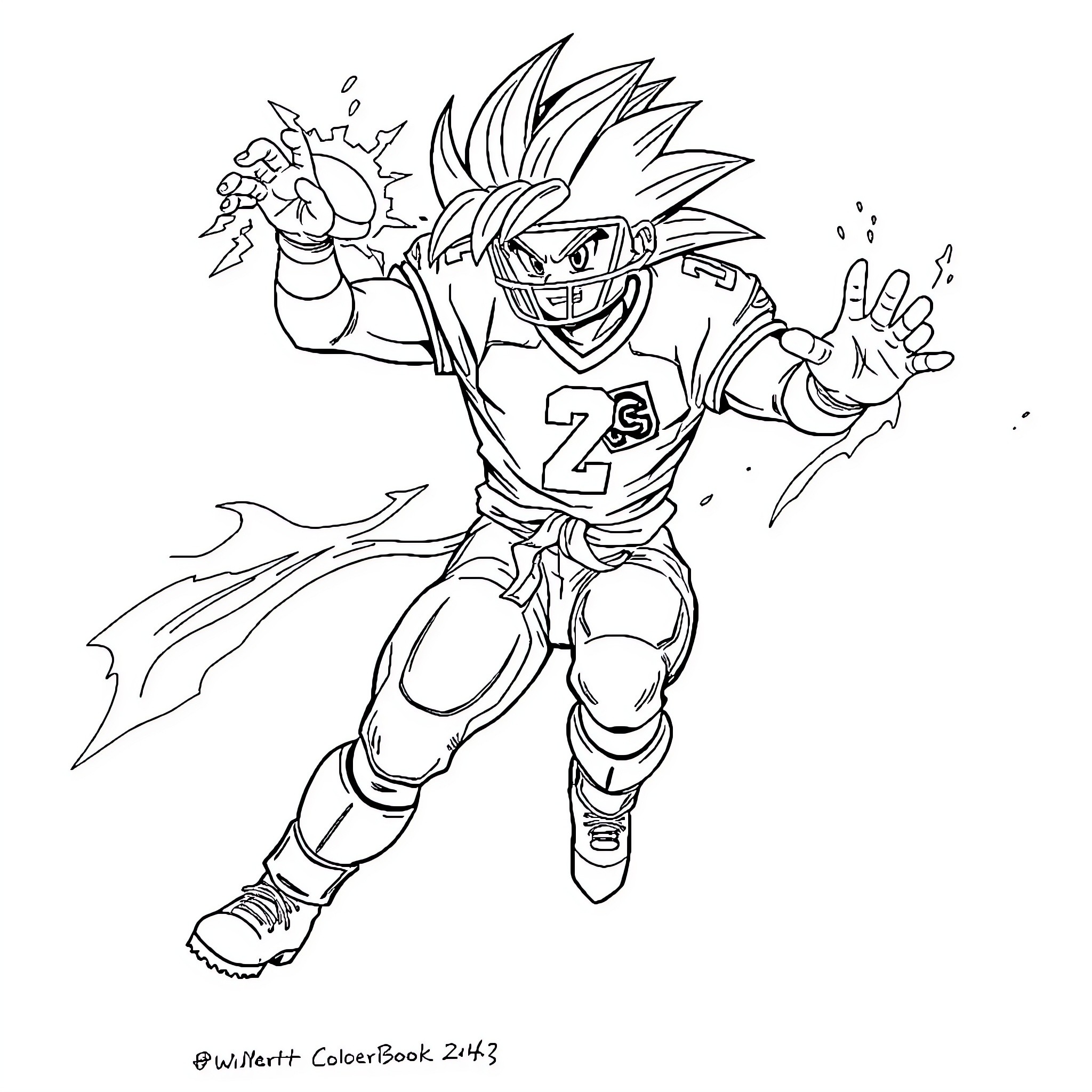 Dragonball fighter with spiky hair launches energy attack Coloring Page (free black-and-white line drawing printable PDF for all, from beginners to advanced learners, including children, teens, adults, and seniors)
