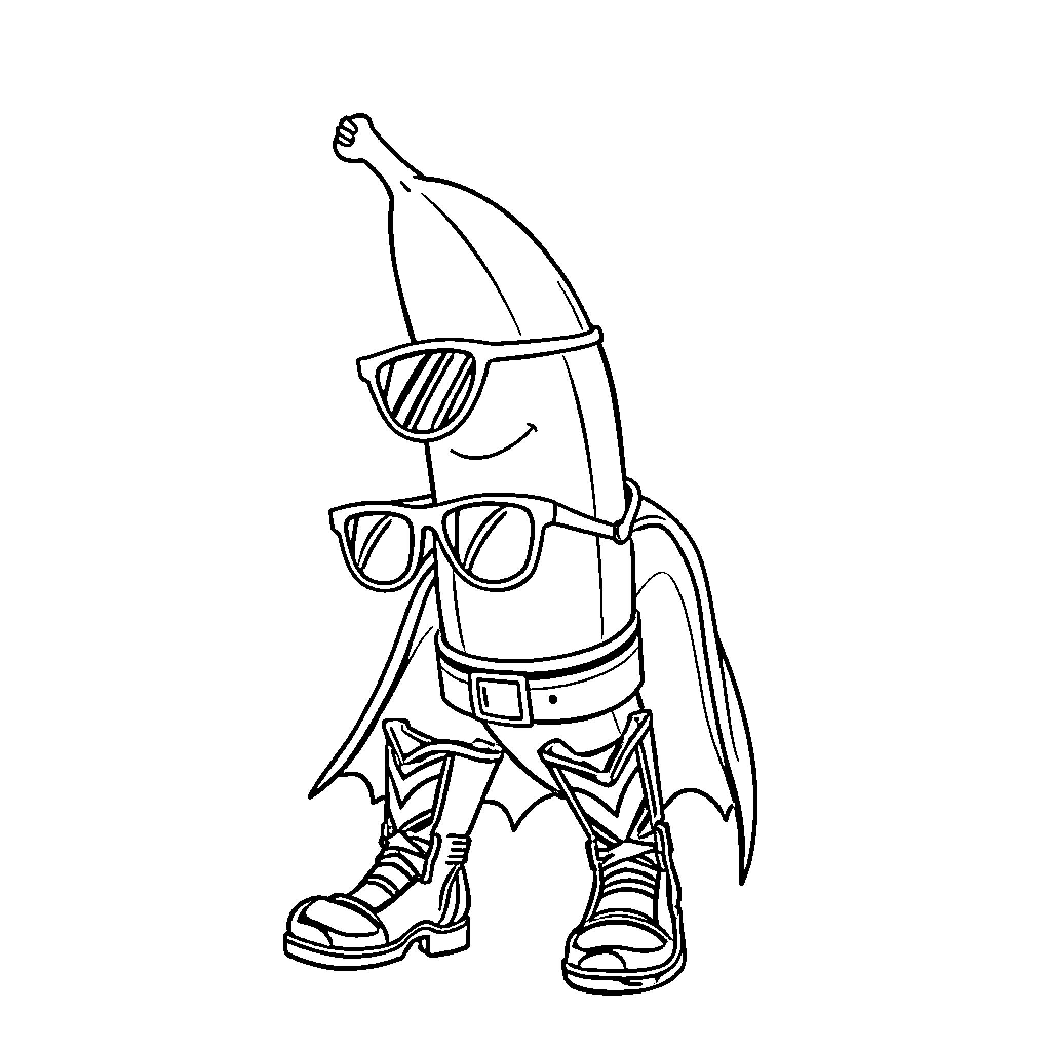 Banana character in cool outfit and sunglasses Coloring Page (free black-and-white line drawing printable PDF for all, from beginners to advanced learners, including children, teens, adults, and seniors)